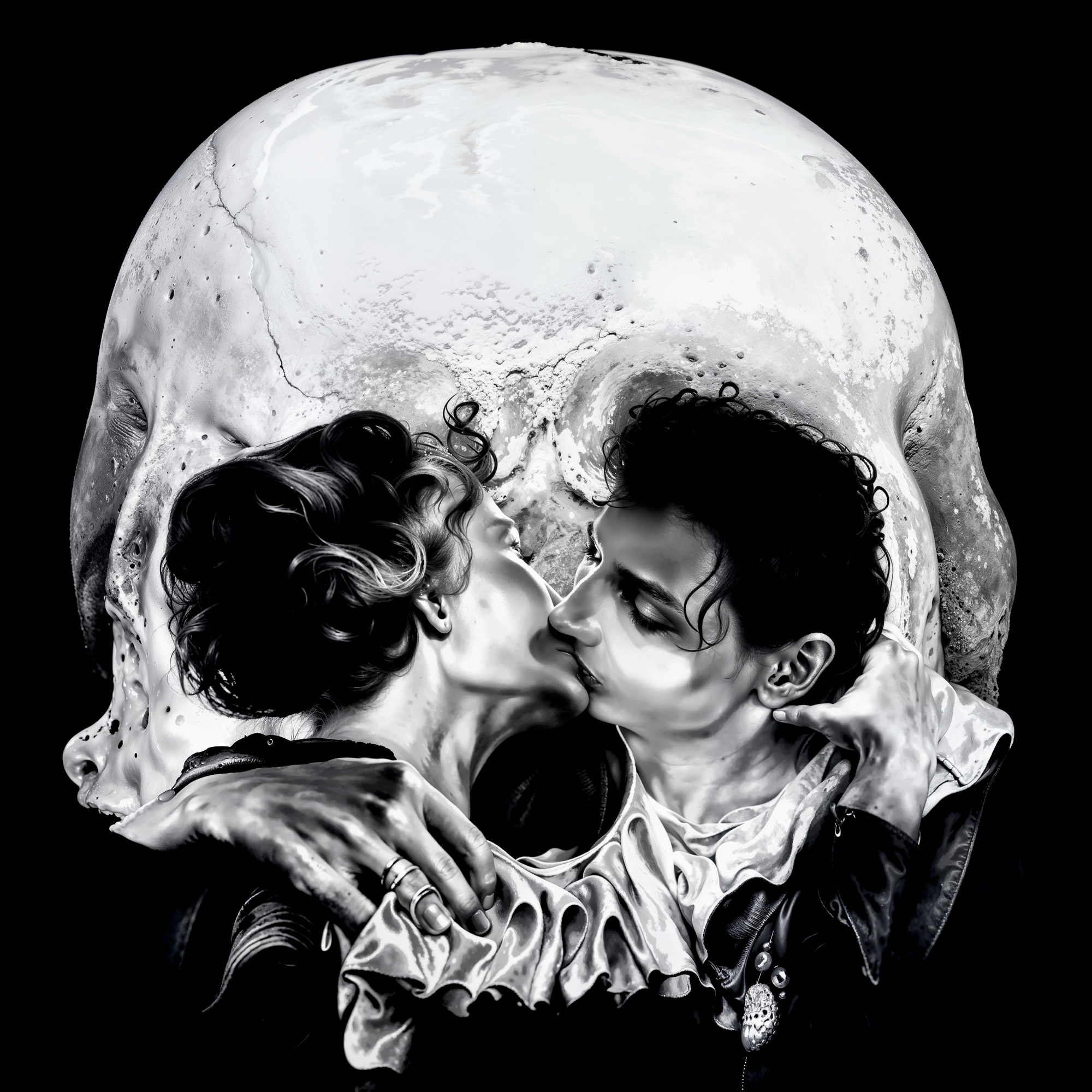 A surreal black and white image of a couple passionately kissing, their faces and bodies forming the illusion of a skull in the background. The artwork explores themes of love, mortality, and duality.