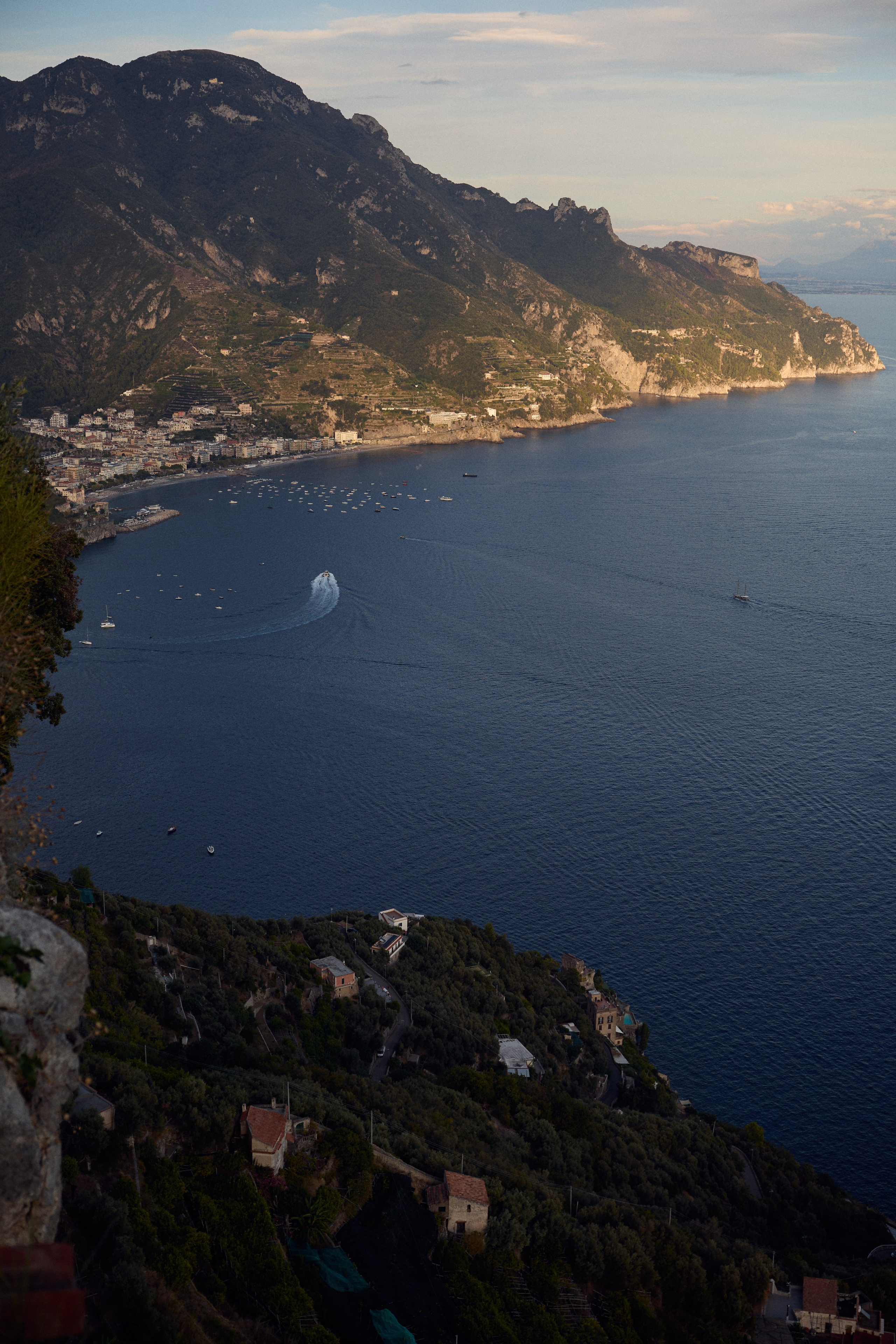 Sunlight on the cliffs and villages of the Amalfi Coast