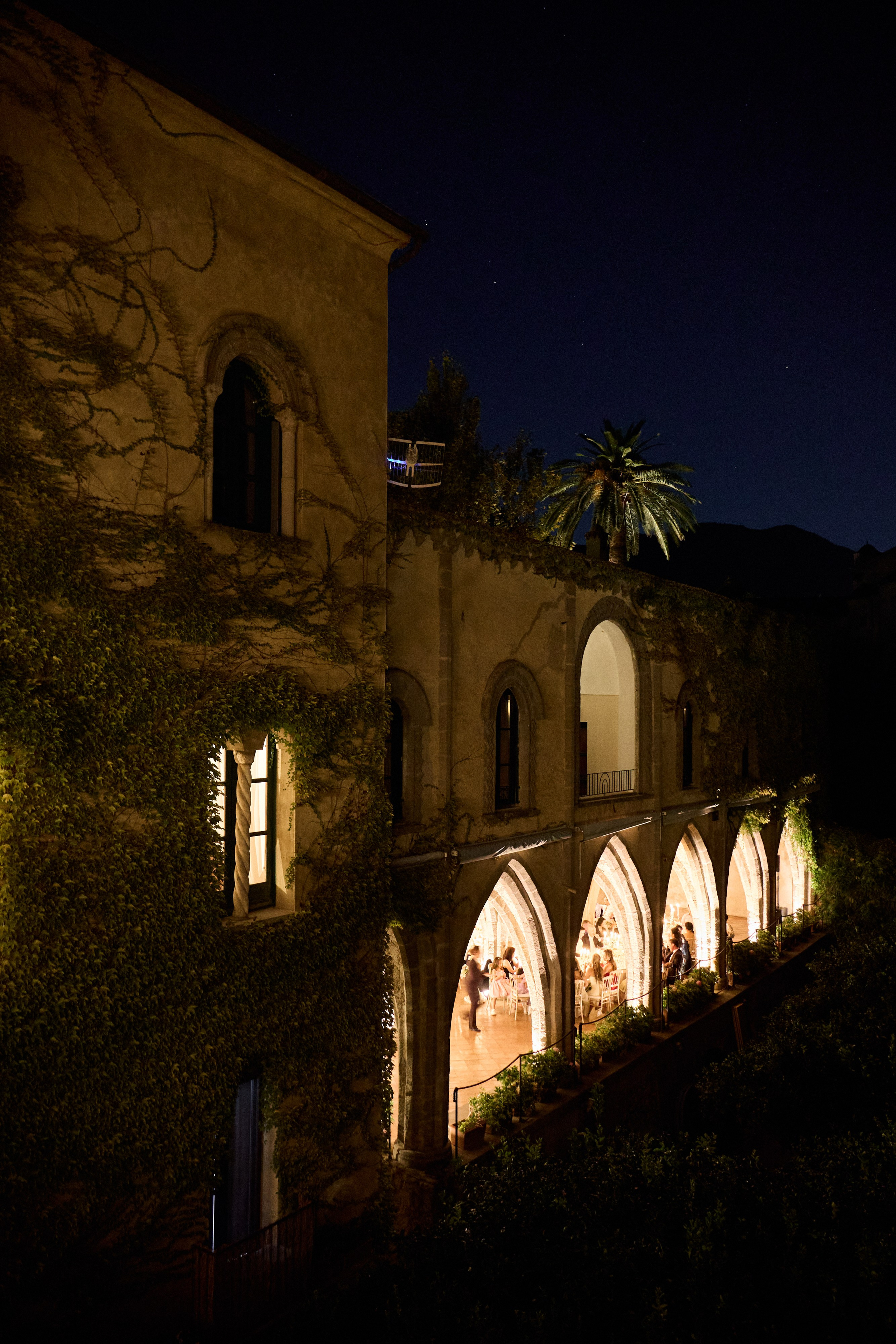 Villa Cimbrone illuminated at night during the wedding reception