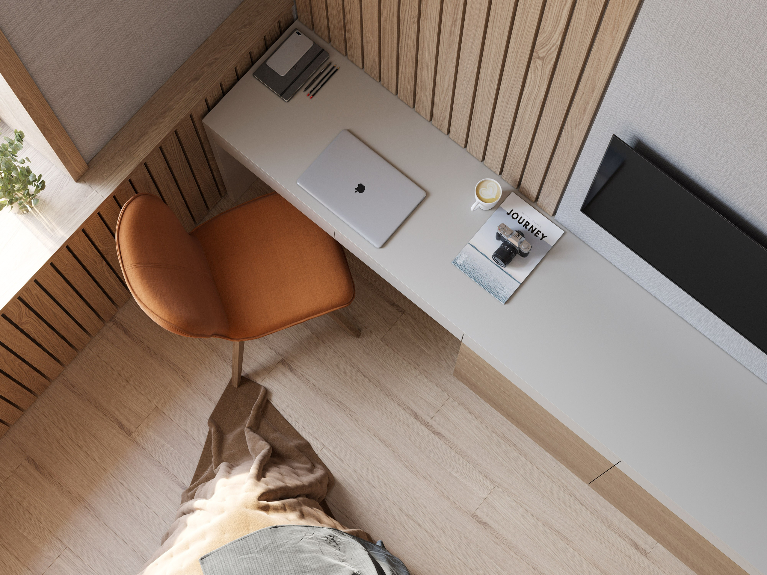 Оранжевый стул в рабочей зоне рядом с окном