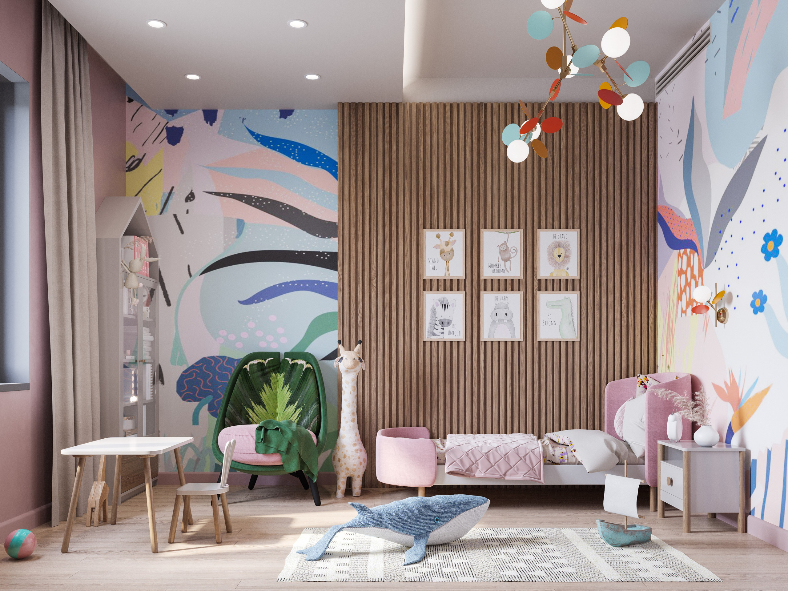 Рендер детской для девочки с игровой зоной у окна и системой хранения для игрушек