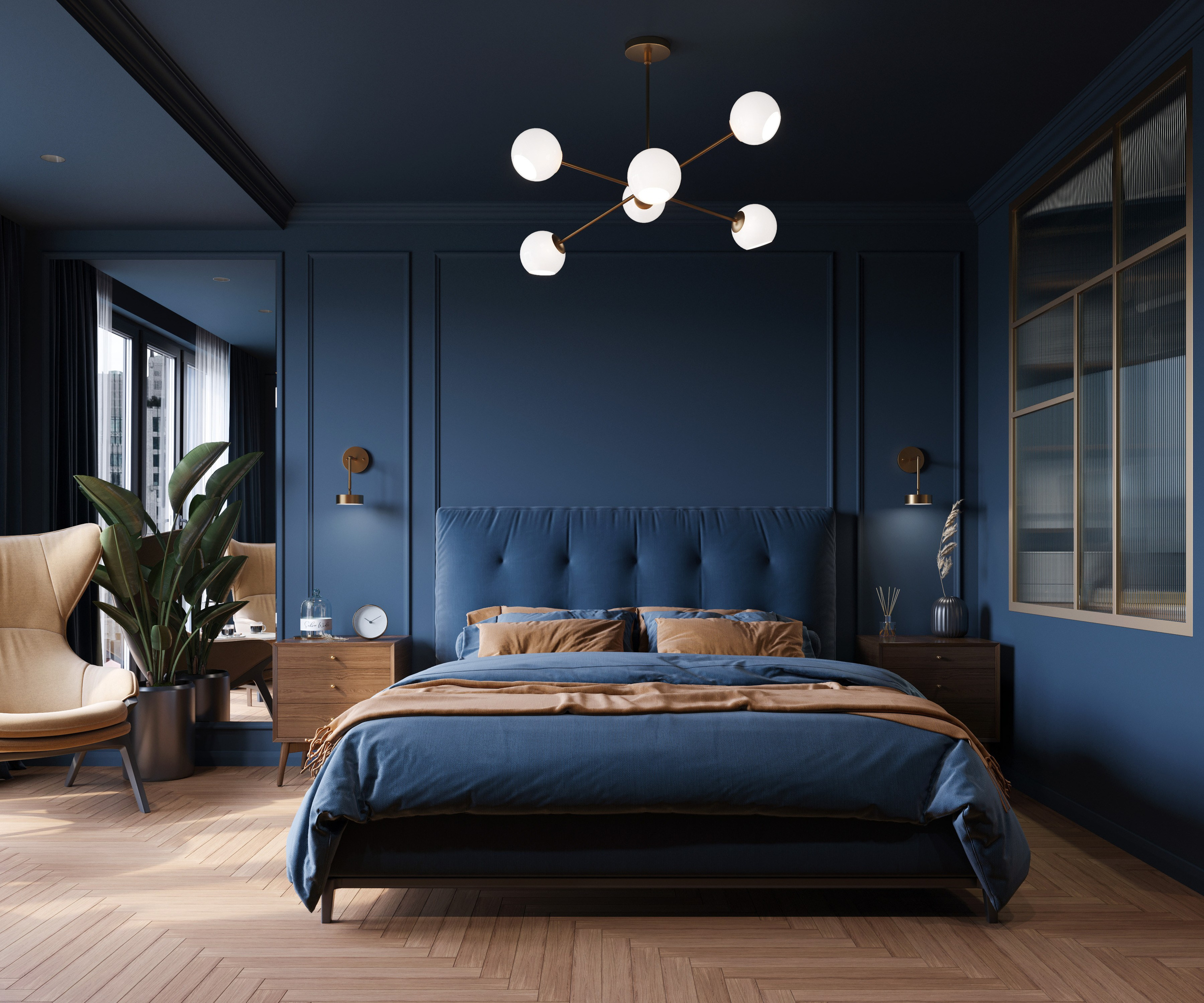 Визуализация спальной зоны с кроватью в синих тонах и прикроватными тумбами.