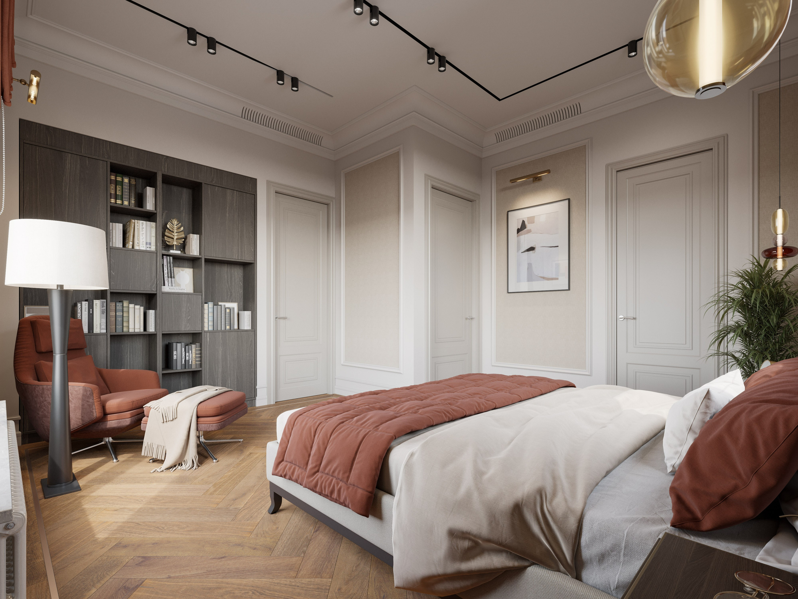 Спальная зона с библиотекой и зоной для чтения