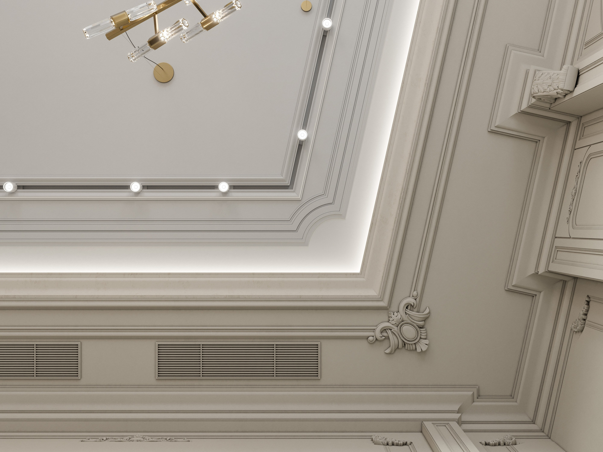 Сочетание классической лепнины и современного дивана в интерьере гостиной