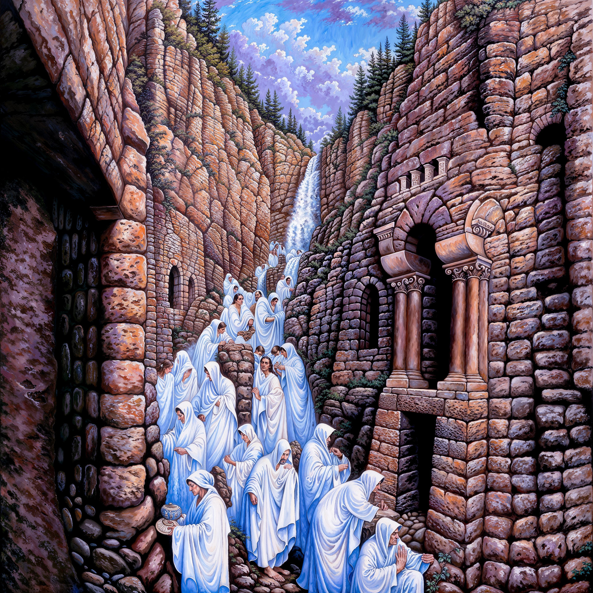 Иллюзорная сцена: монахи в бело-голубых одеждах поднимаются по каменному ущелью, образуя человеческий поток, сливающийся с архитектурой. Картина в стиле Робa Гонсалвеса.