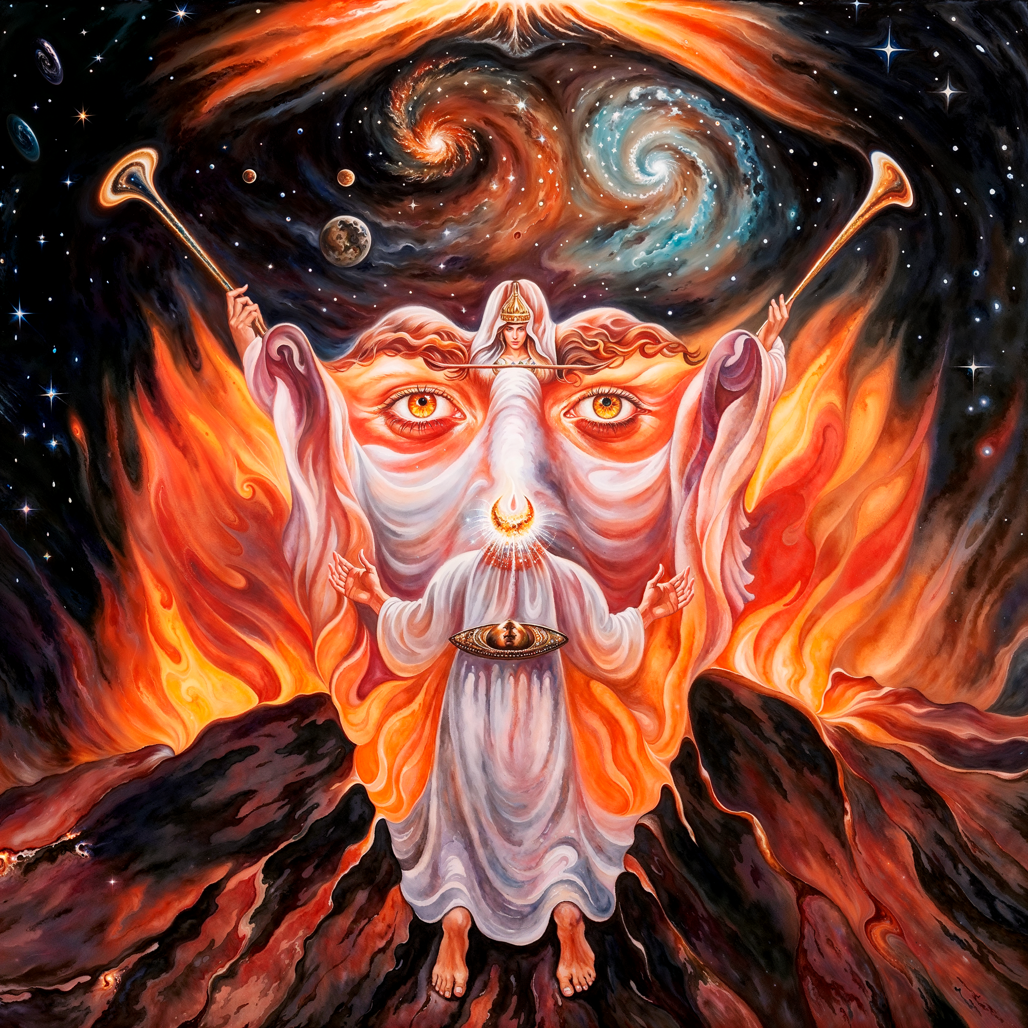 Фигура старца, составленная из огня, галактик и женской фигуры, на фоне космоса — цифровая адаптация по мотивам Олега Шупляка в жанре символической оптической иллюзии.