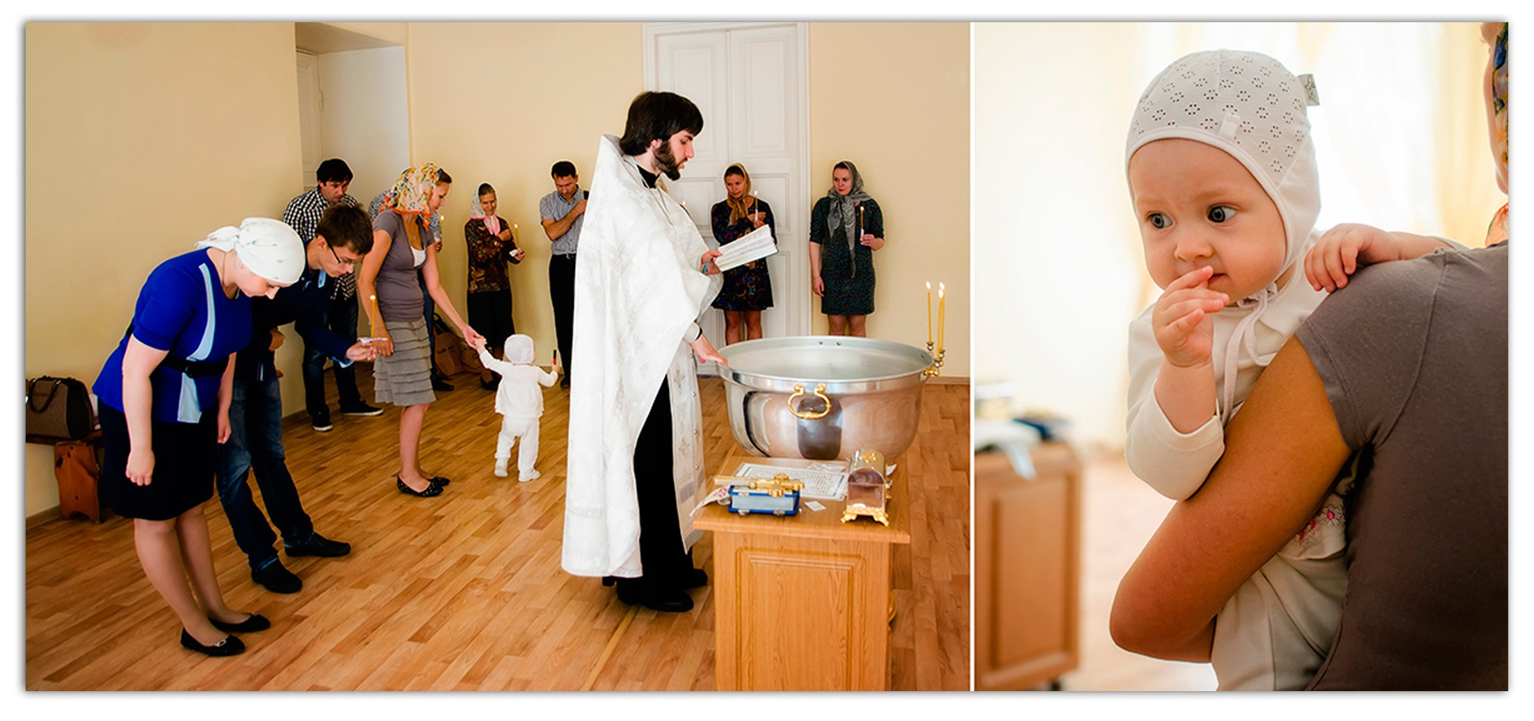 Семейная фотосъемка - крещение малыша: священник у купели, родственники в молитве.