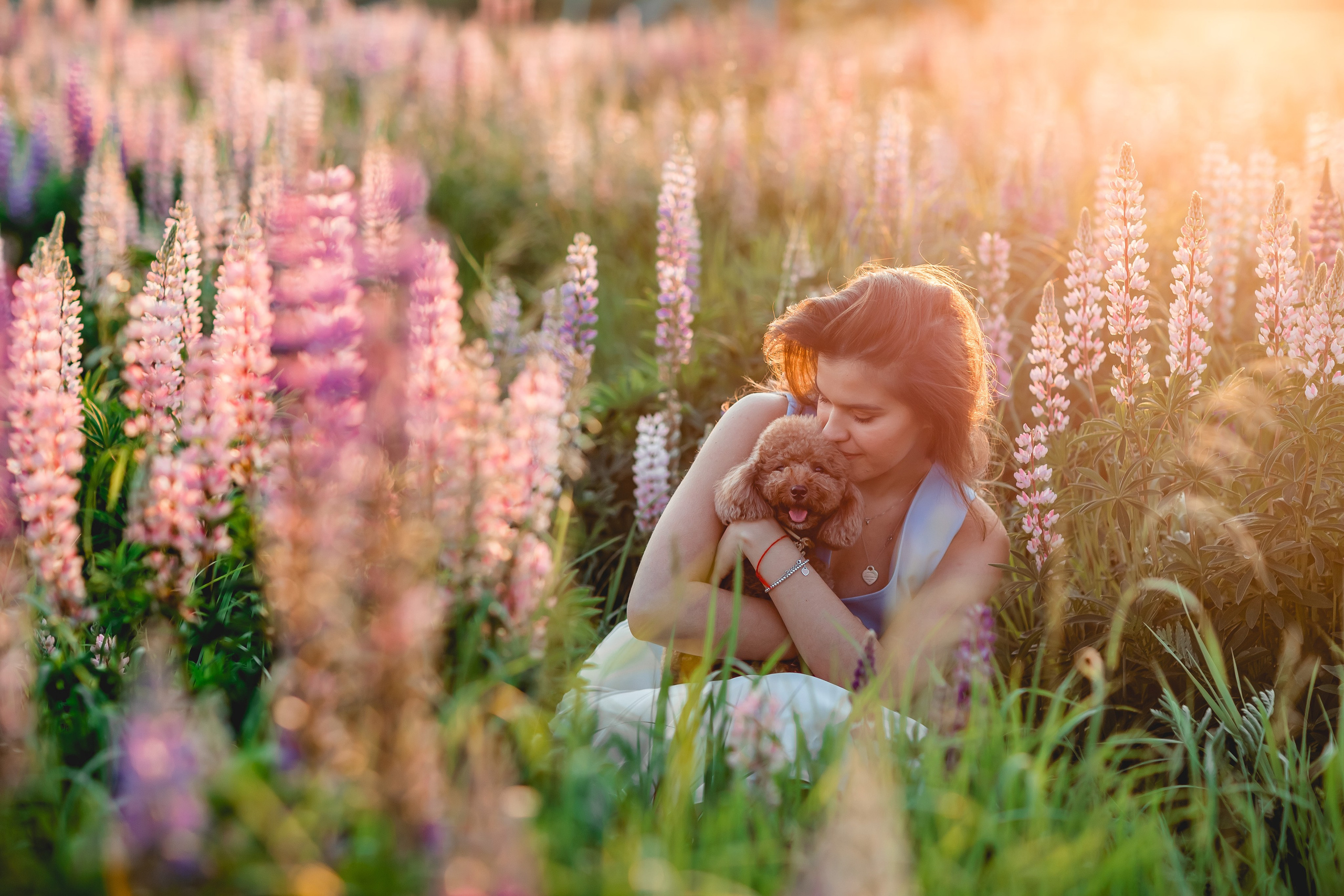 Катя и Джемма в люпинах. Семейный фотограф анималист Мария Крючкова