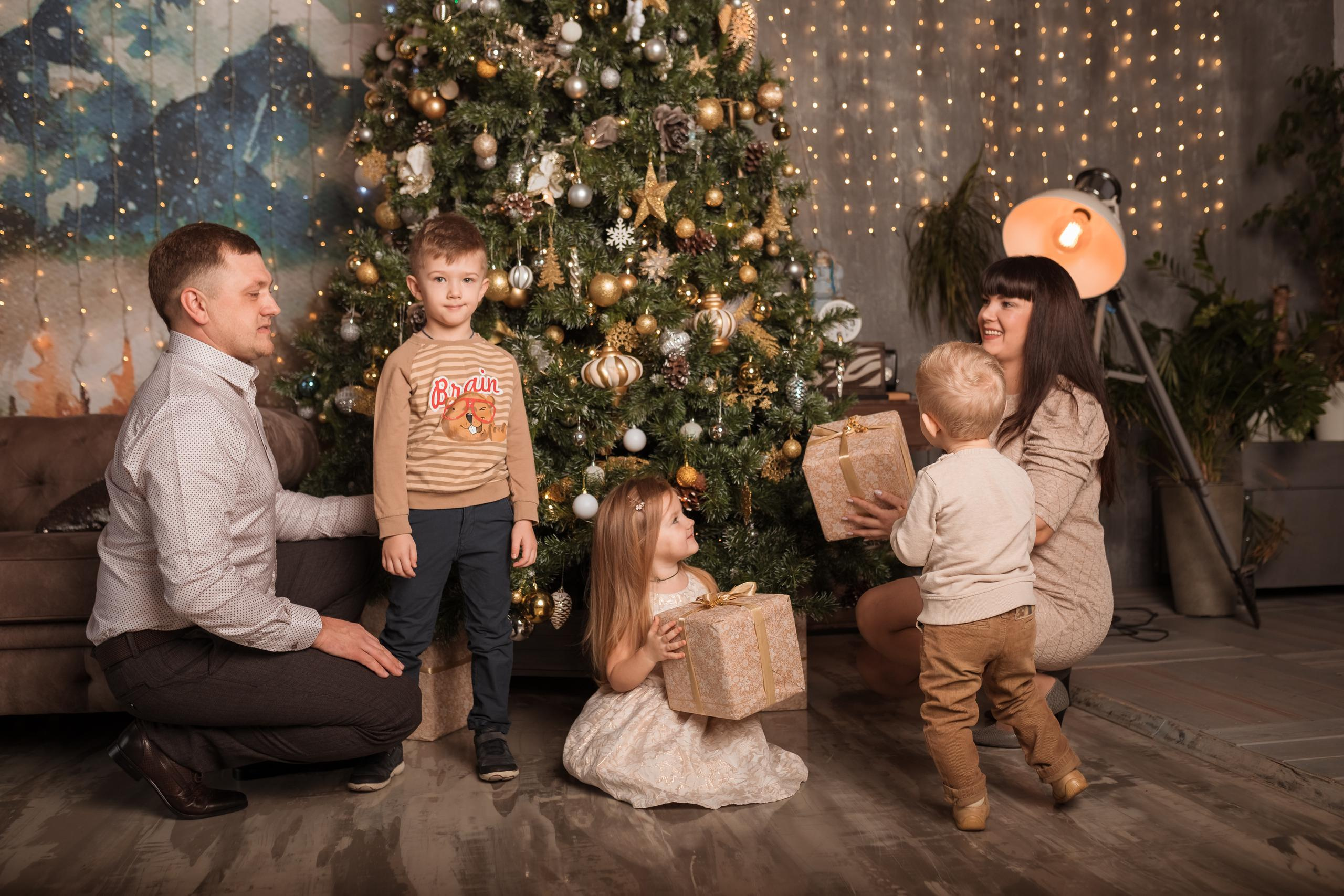 Новогодняя съемка для большой семьи в студии Библиотека. Женский семейный фотограф Тула Москва Захарова Анна