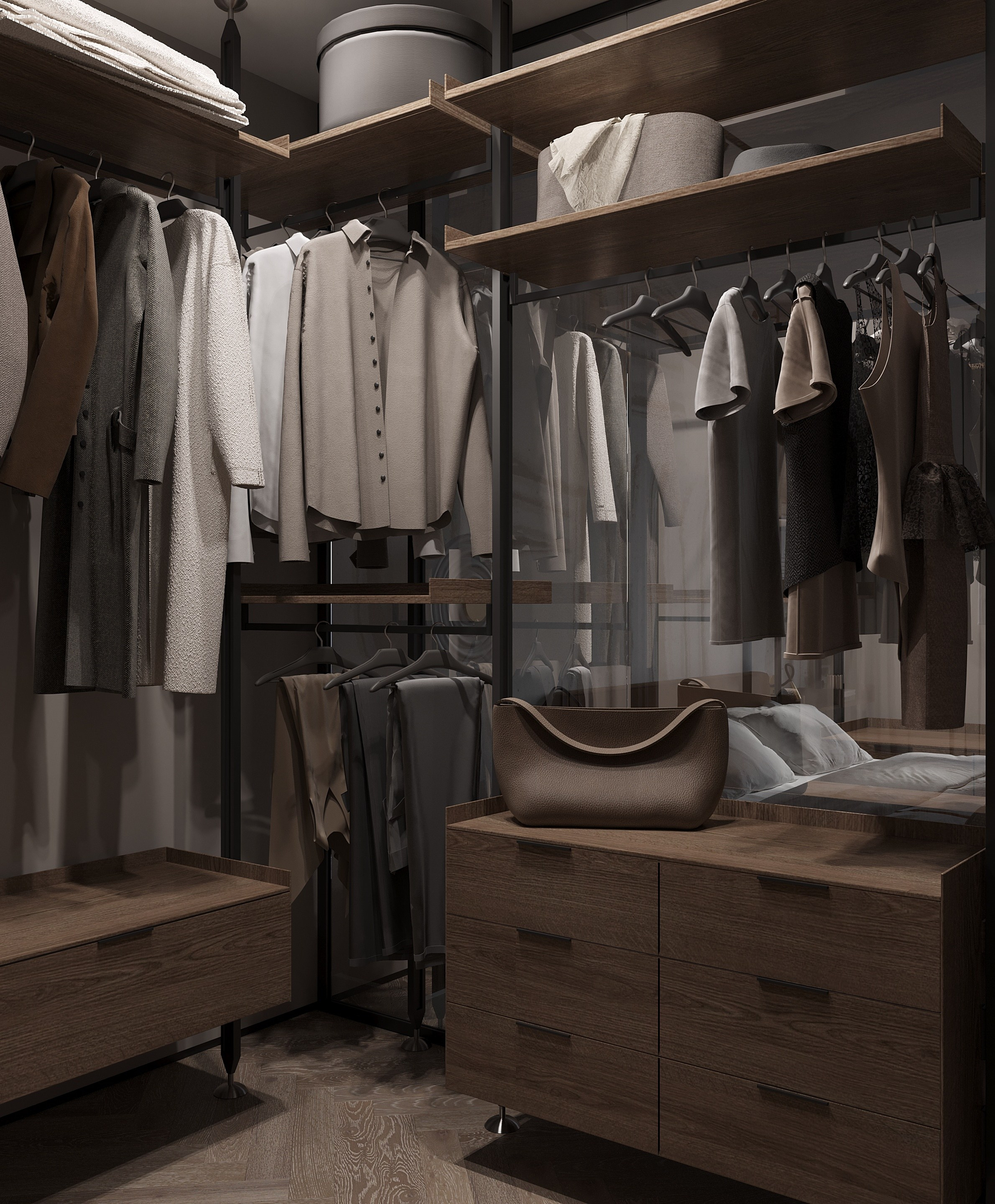 вместительная гардеробная в мастер-спальне с открытой системой хранения 