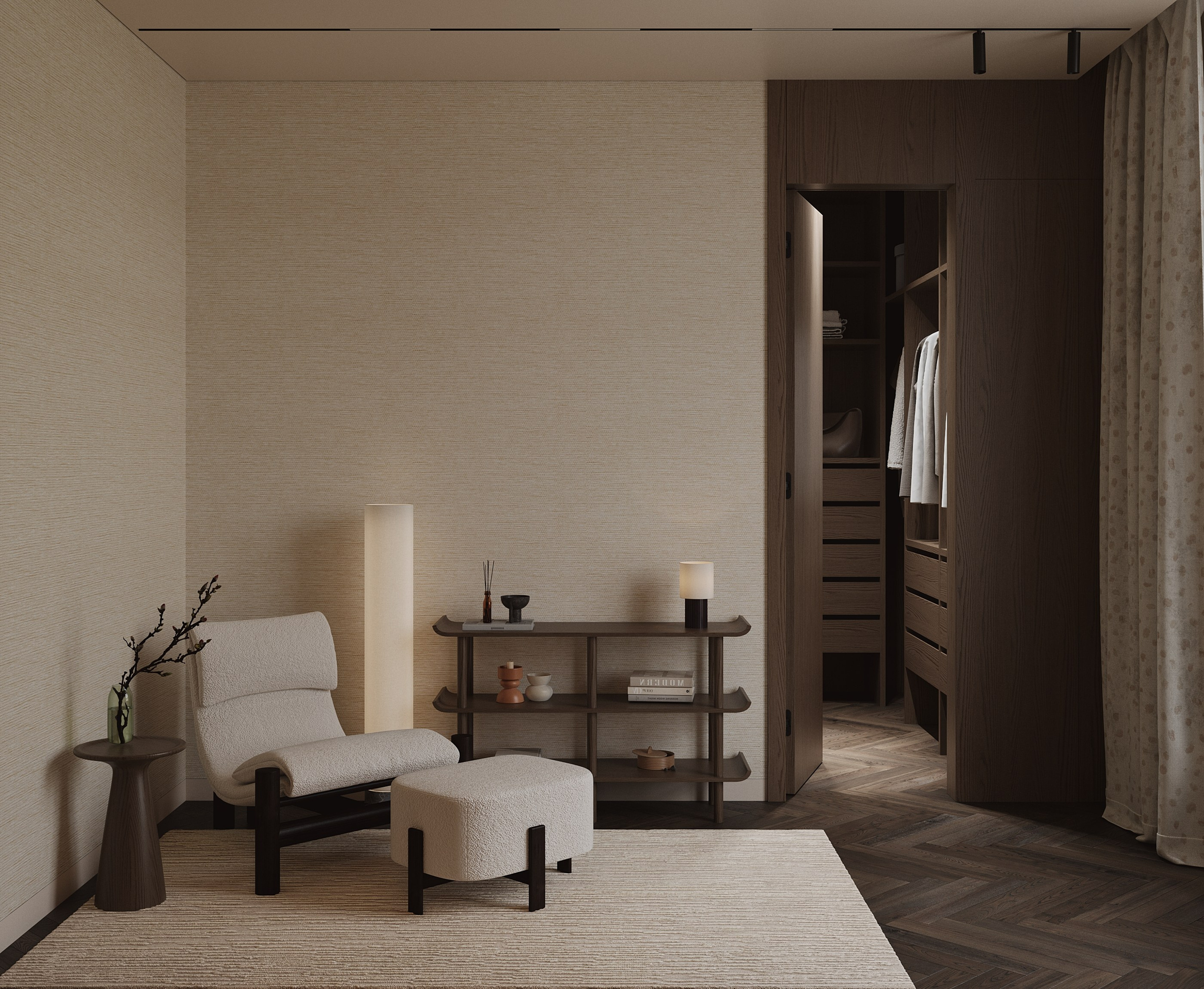 зона для чтения и отдыха в гостевой комнате со стенами в текстильных обоях   a reading and relaxation area in a guest room with walls covered in textile wallpaper