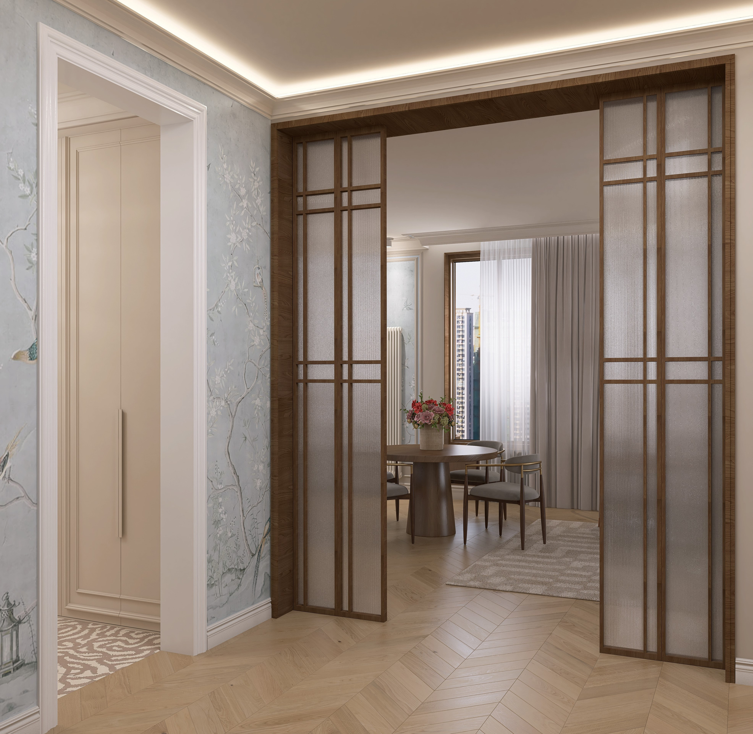 Портал между прихожей и кухней-гостиной, раздвижные перегородки в дереве и стекле, неоклассический интерьер дома