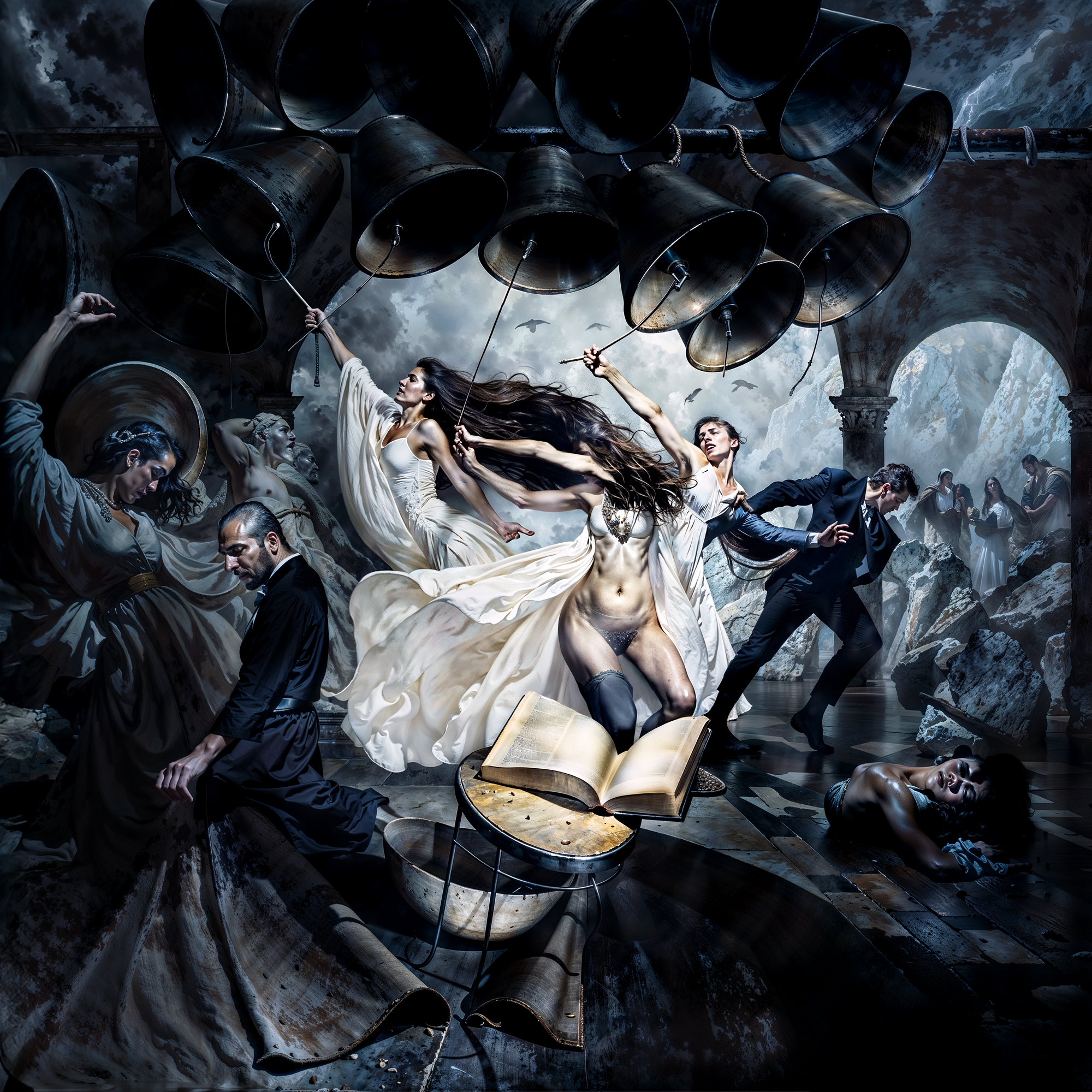 Женщины в белом танцуют под массивными колоколами в готическом зале, открытая книга на переднем плане