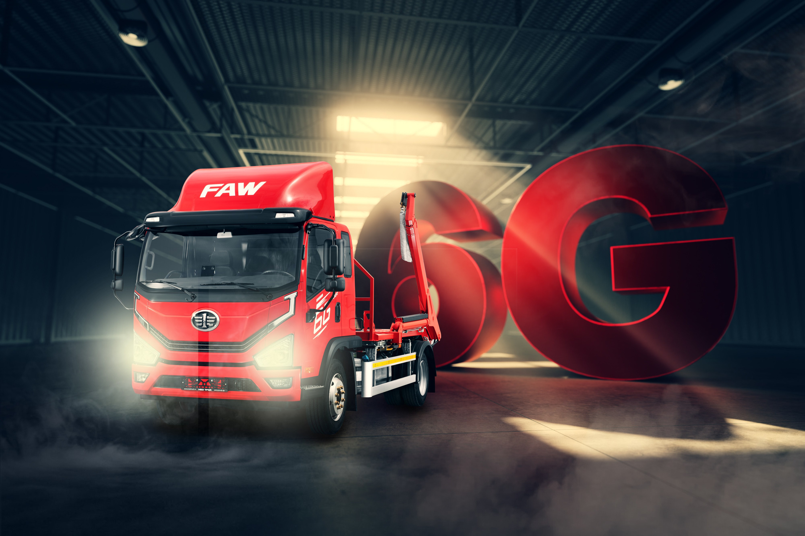 3д рендер грузовика в ангаре