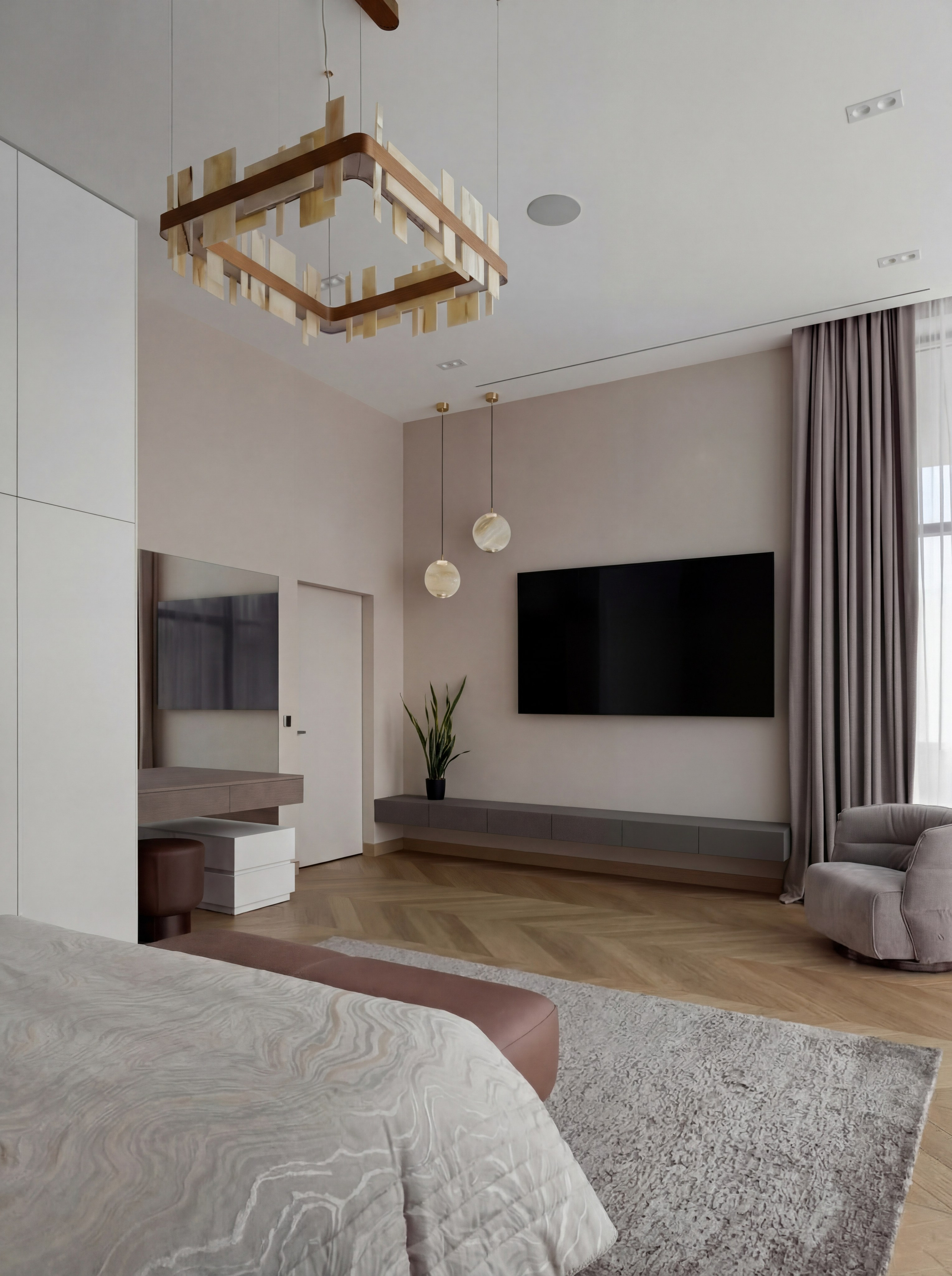 Современный дизайн спальни от Валерии Котович: ТВ-зона с подвесной консолью, рабочее место с зеркалом, дизайнерские люстры и паркет «французская елка» в премиальном доме у воды.