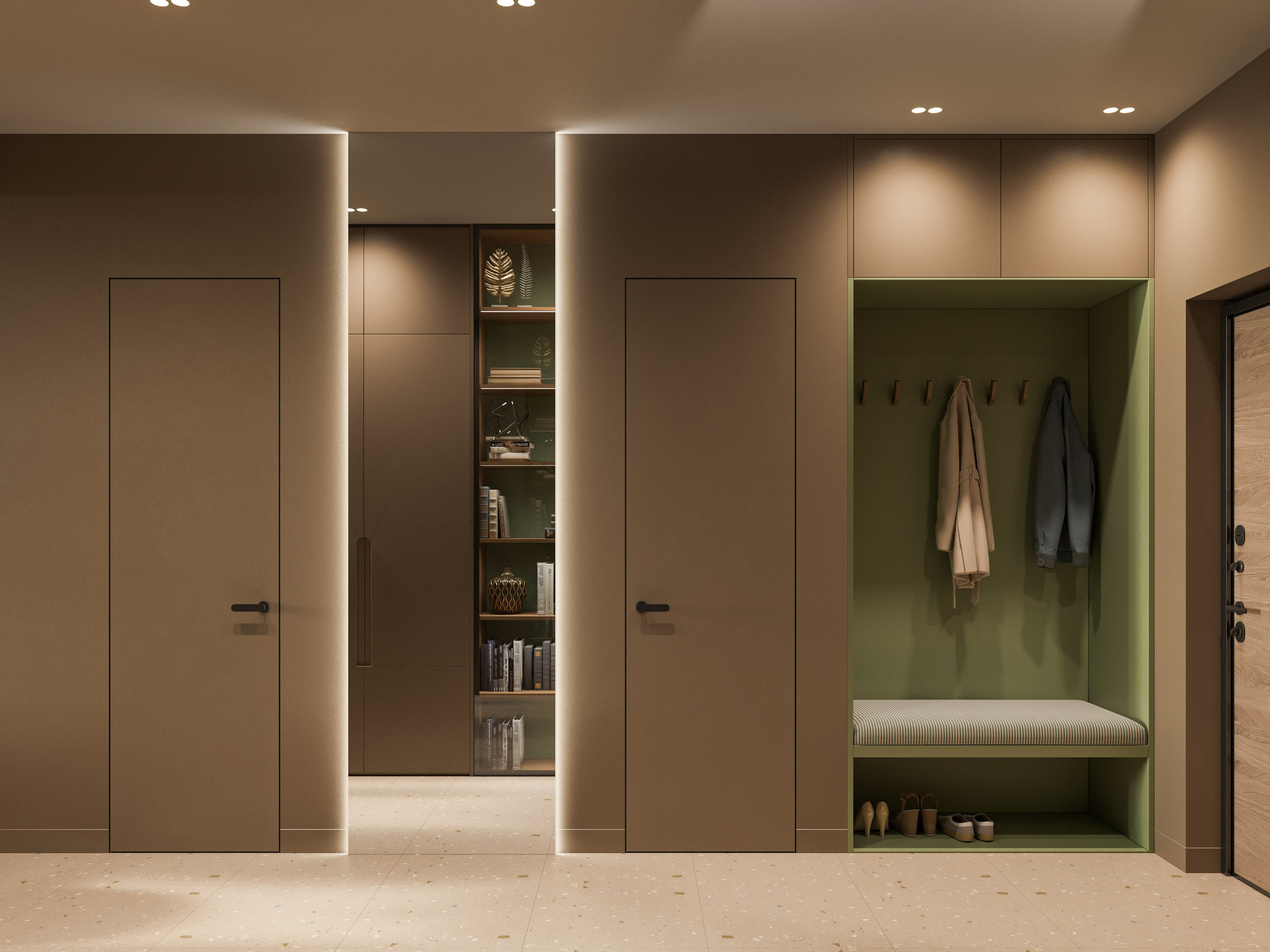 Коридор с потайными дверьми и встроенным освещением - 3D визуализация