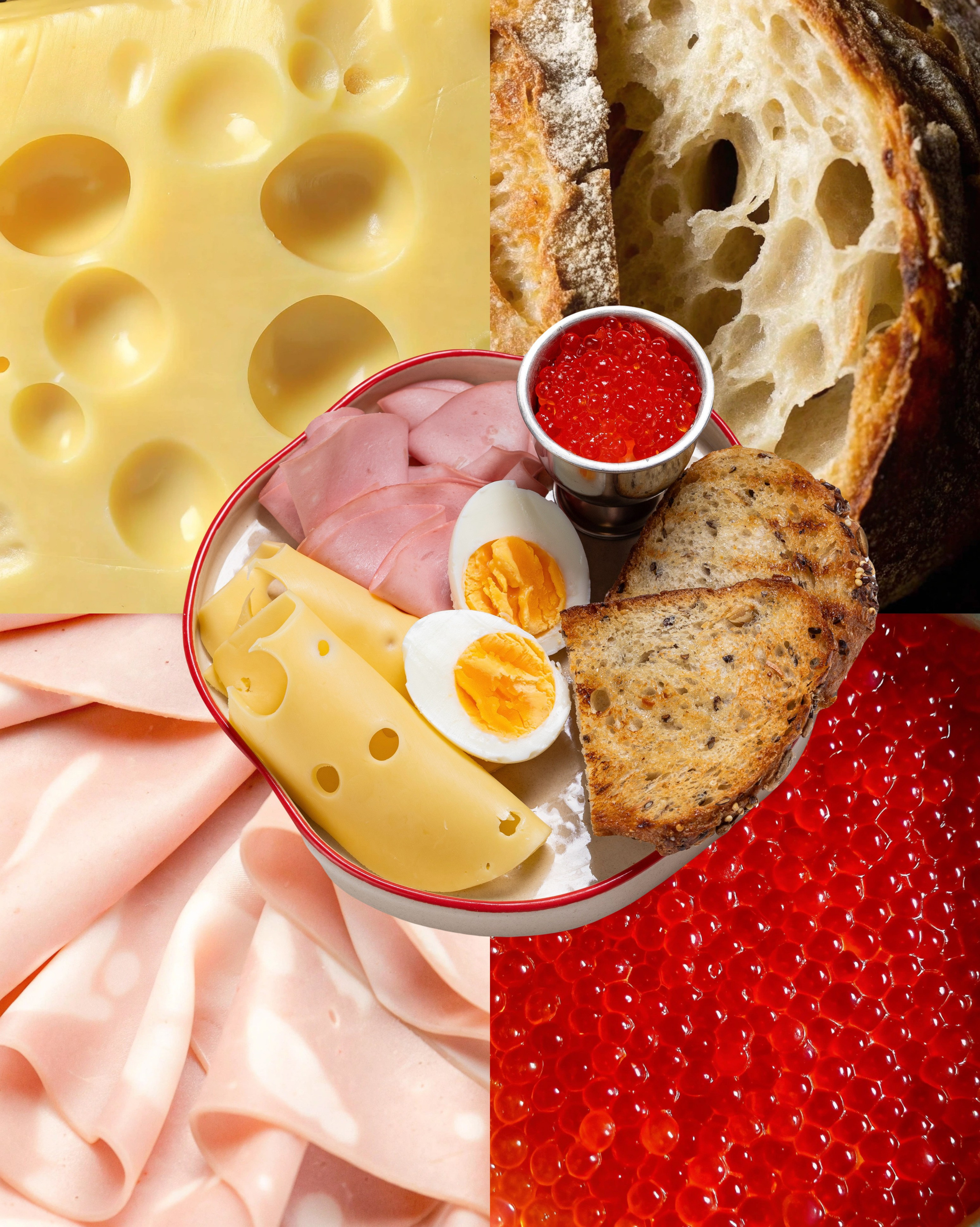 Завтрак с красной икрой, ветчиной, сыром, поджаренным хлебом на эстетичной тарелке. 