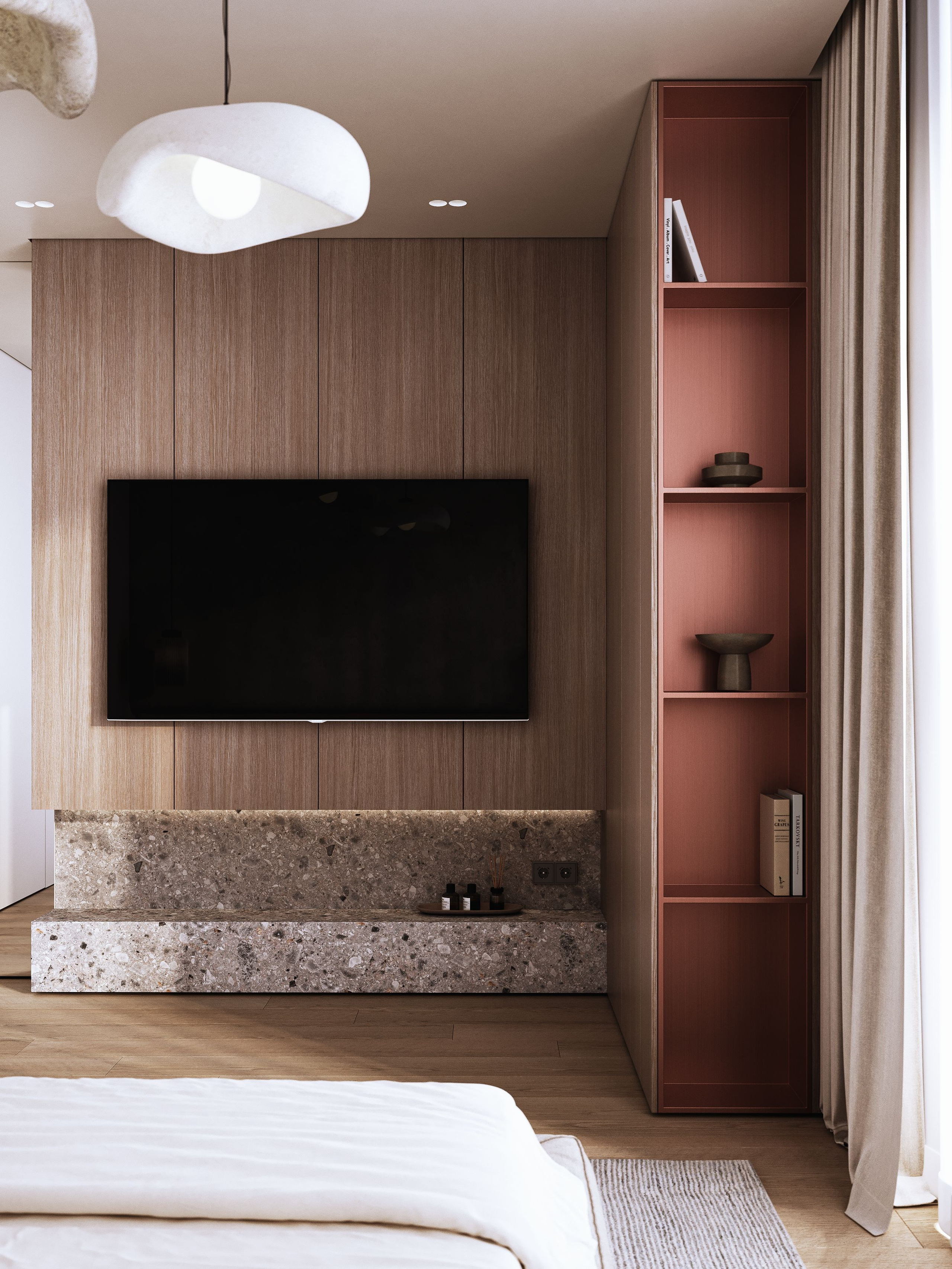 визуализация спальни в нежных тонах  в сером минималистичном современном  стиле на Бали