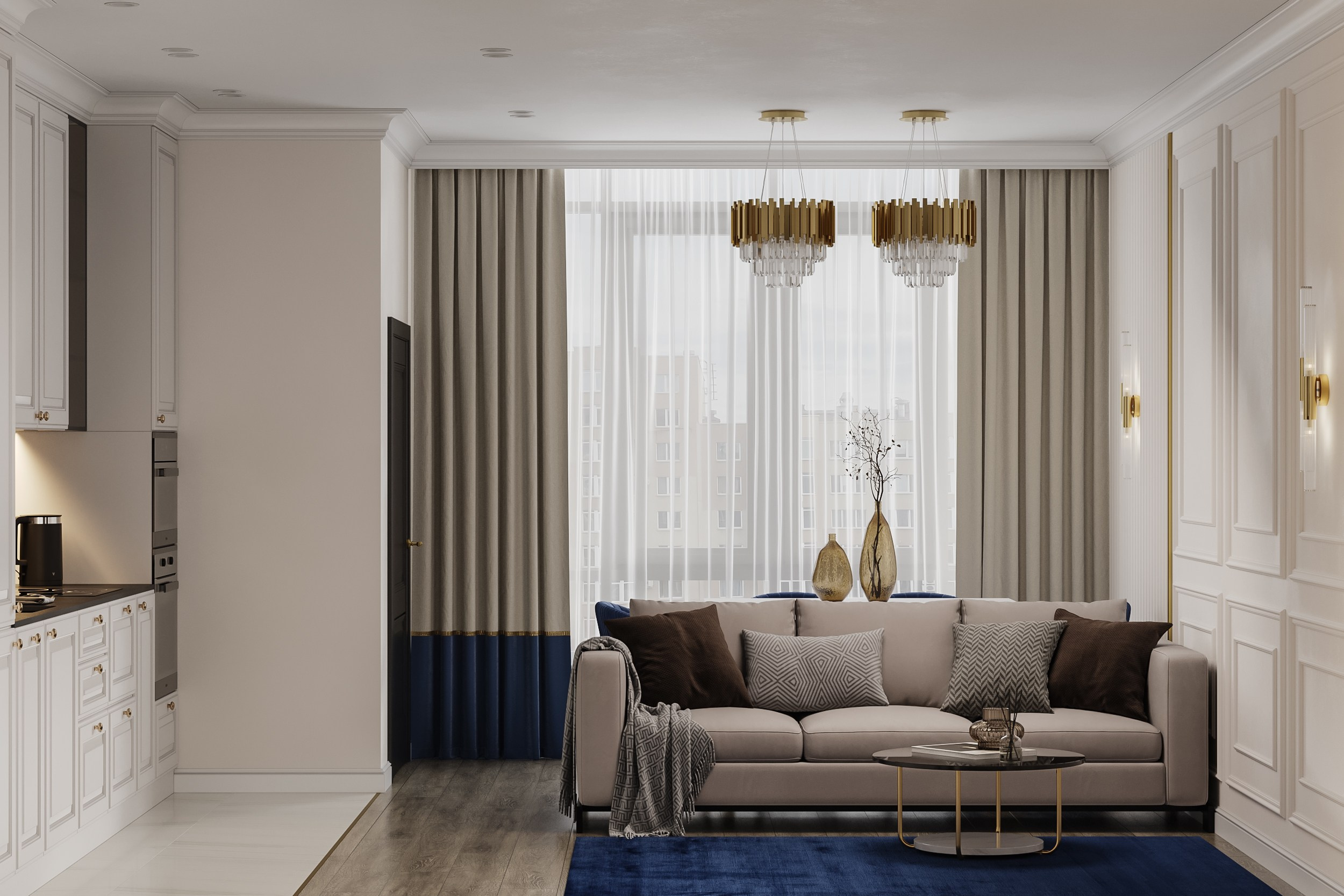 3д визуализация кухни-гостиной в современном классическом стиле 