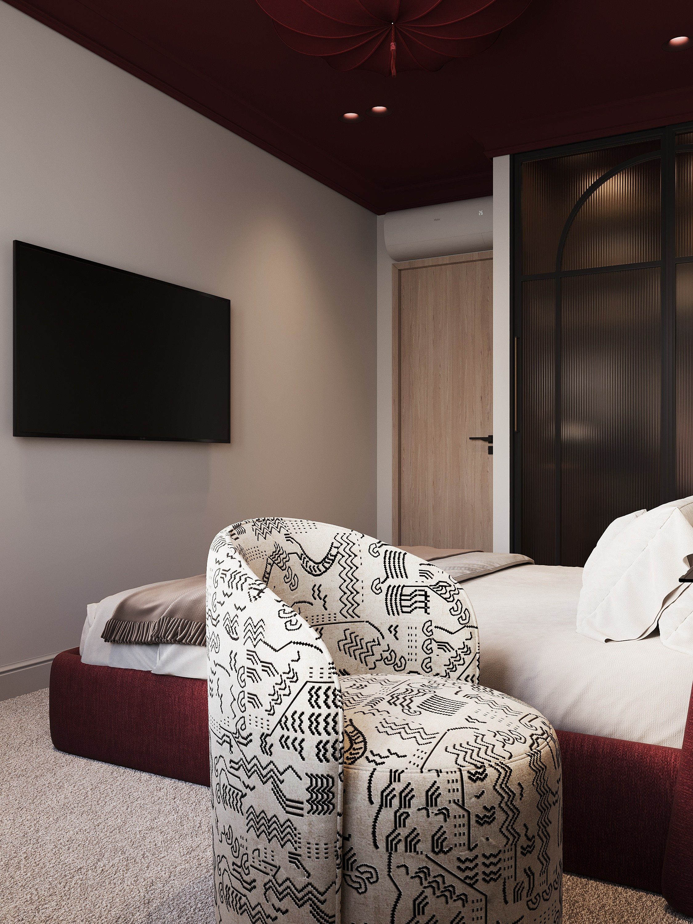 Спальня с бордовым потолком. 3D визуализатор