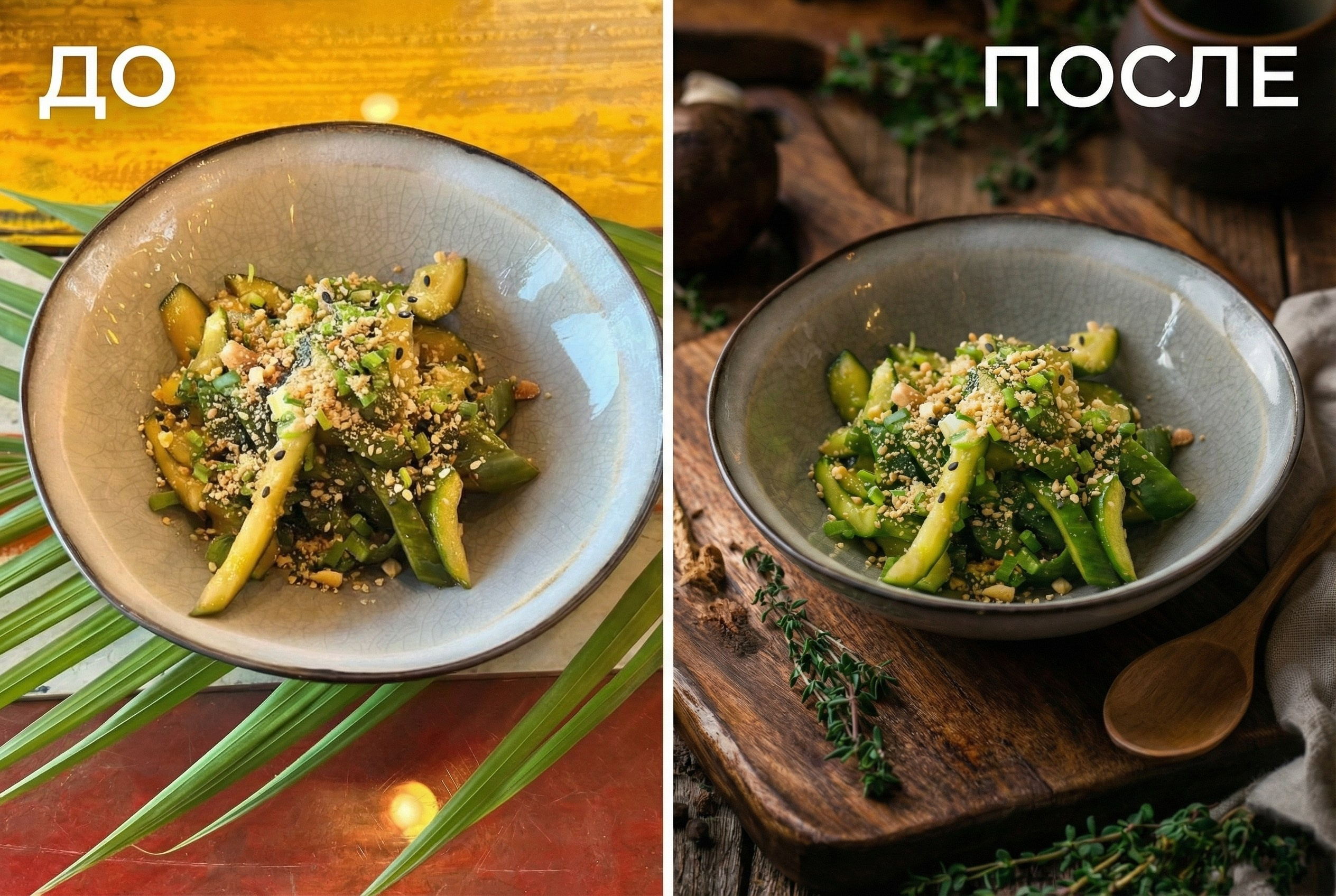 Пример работы AI: битые огурцы до и после превращения в яркую рекламную картинку.