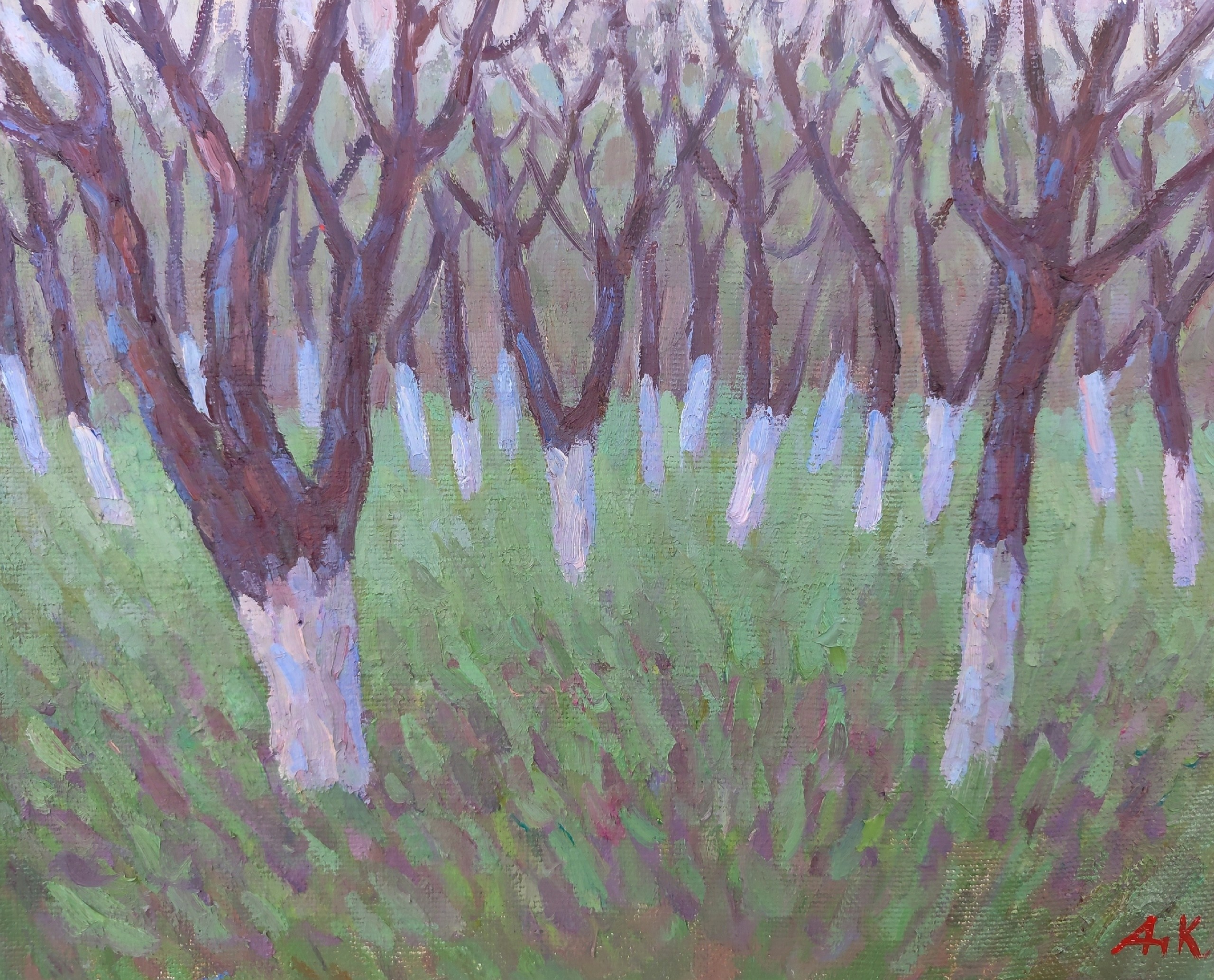 Картина с весенним просыпающимся садом яблонь