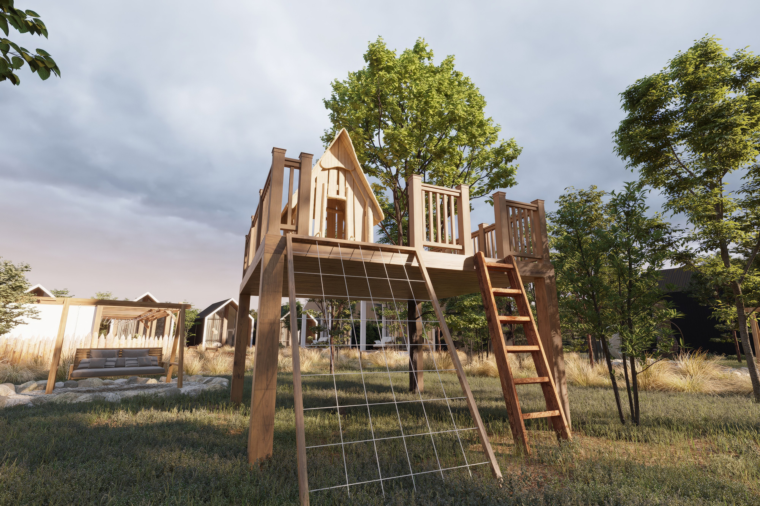 Игровая зона на территории глэмпинга с качелями, травой и природным окружением