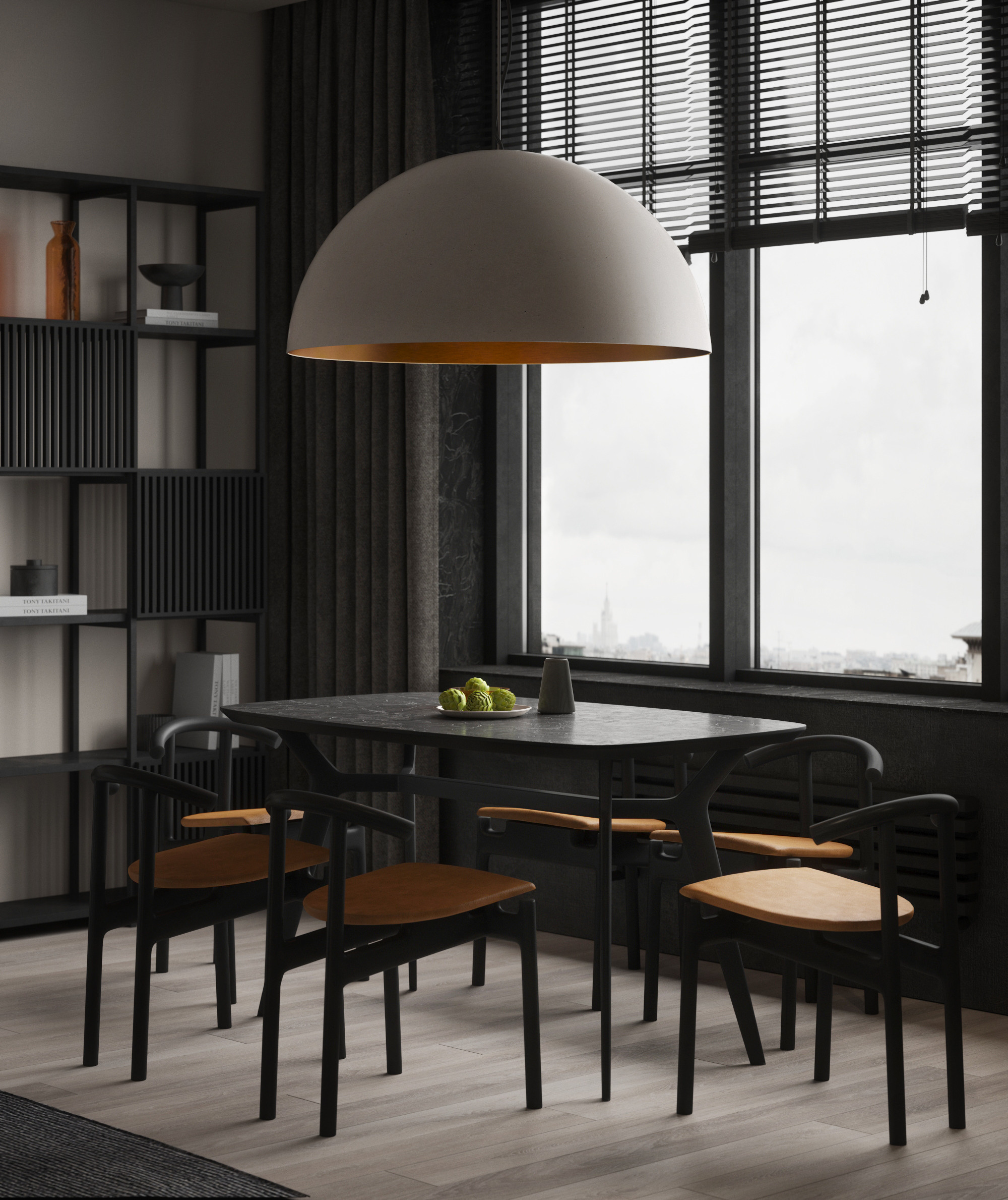 обеденная группа у окна, объёмная люстра над столом