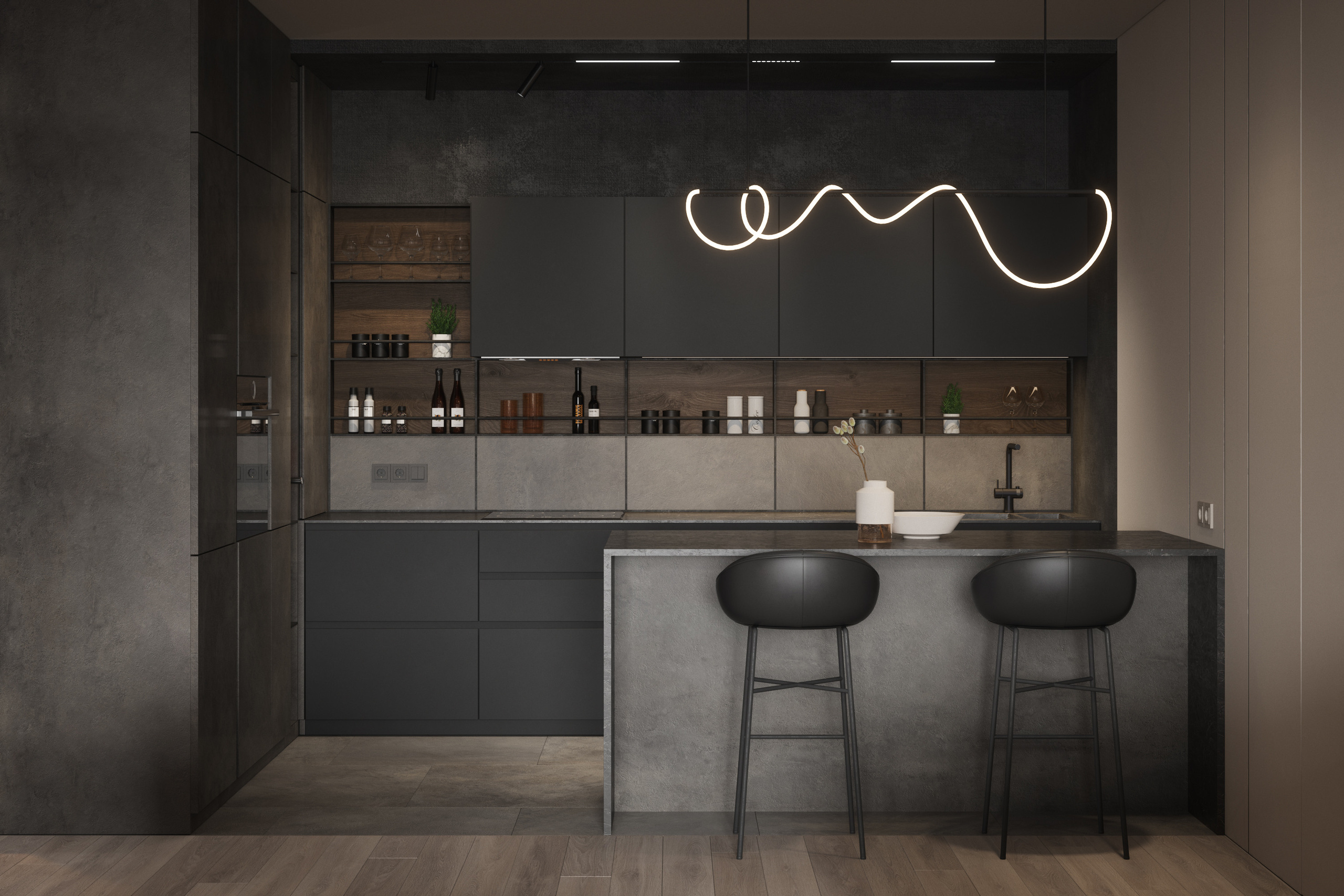 современные квартиры  в стиле минимализм, кухня-гостиная, кухня с островом, кухня с открытыми полками, чёрная кухня, барная стойка в интерьере