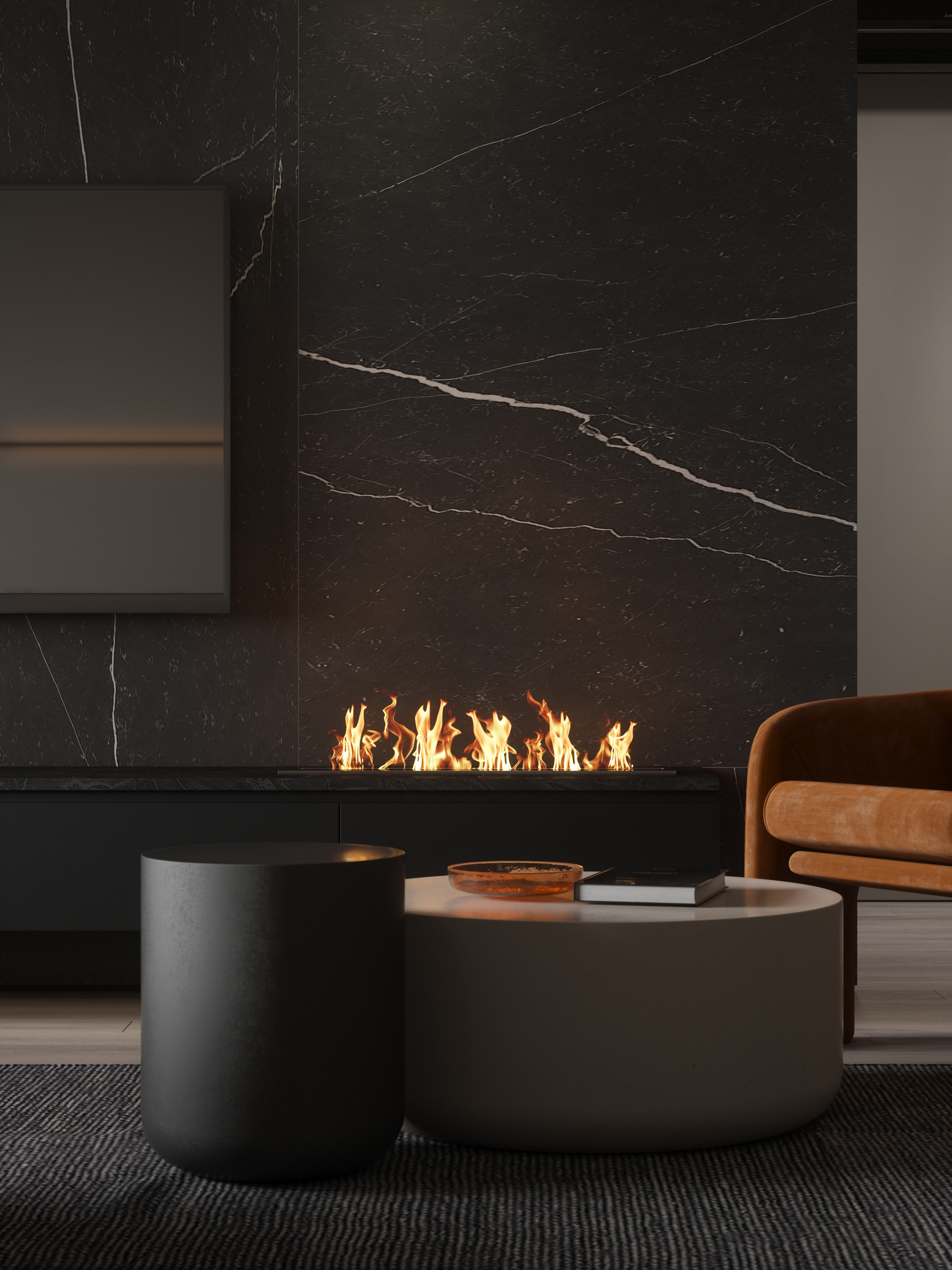 современные квартиры  в стиле минимализм, квартира в тёмных  тонах, проект евротрёшки, биокамин в доме, биокамин в интерьере