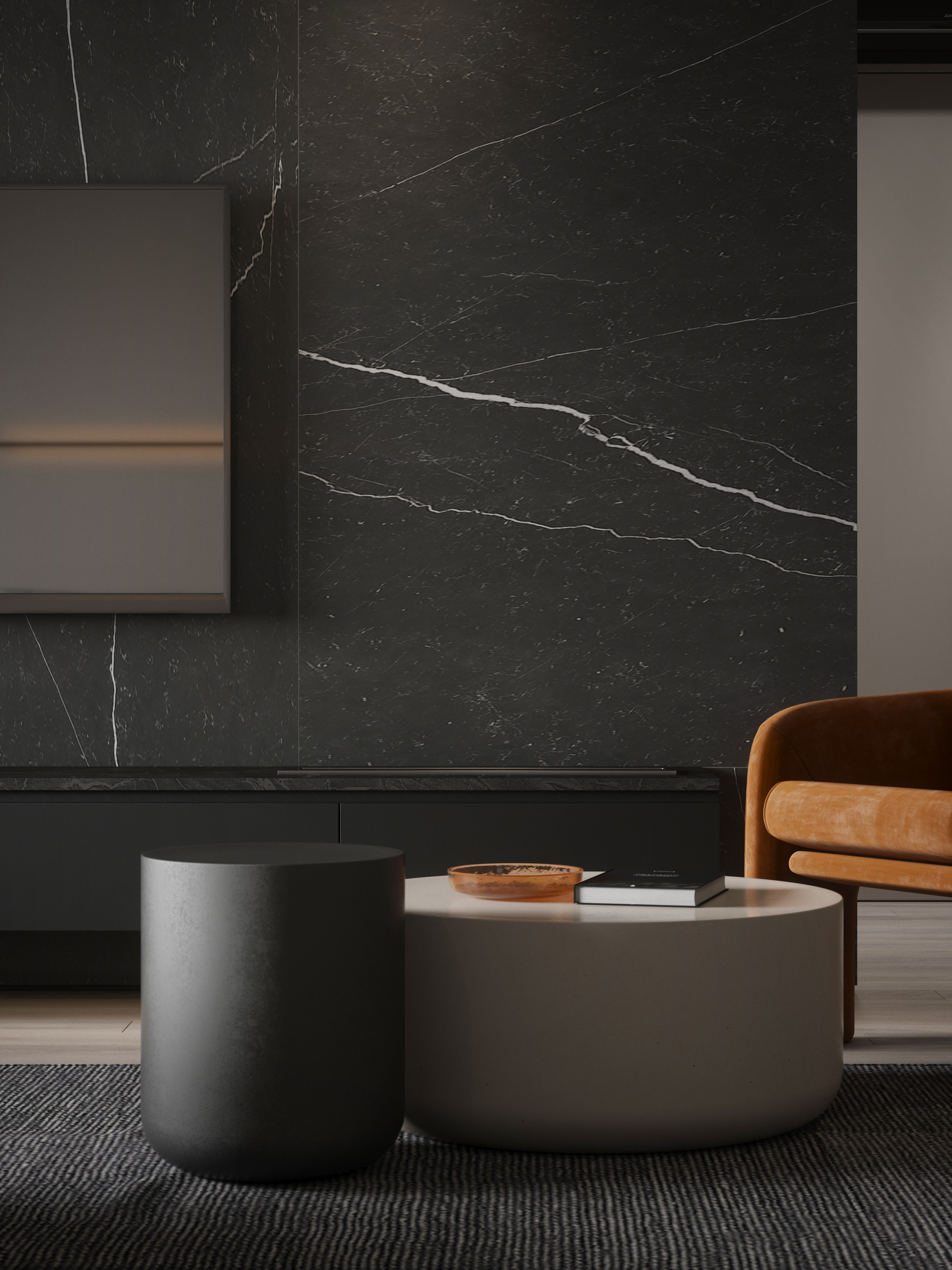 биокамин в квартире, оформление стены керамогранитом, тёмный интерьер гостиной