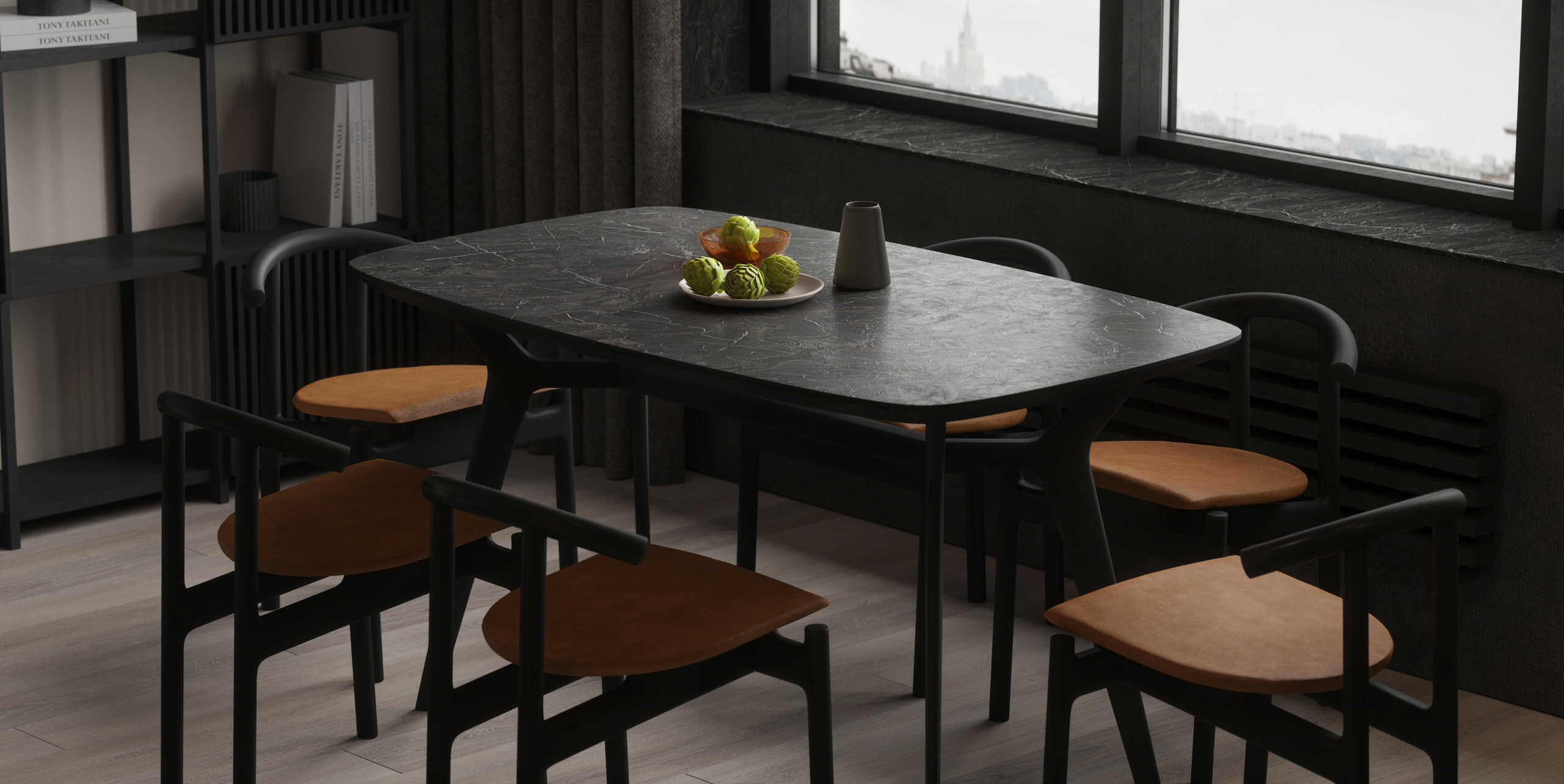 обеденная группа у окна, современный интерьер квартиры, гостиная-столовая