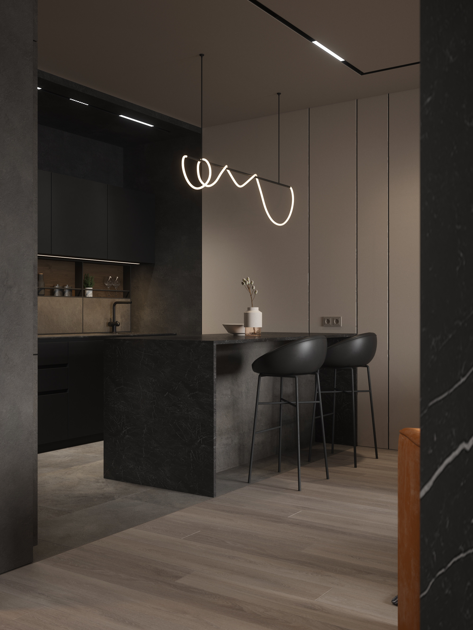 современные квартиры  в стиле минимализм, кухня с островом, люстра над островом, тёмная кухня, кухня ниша