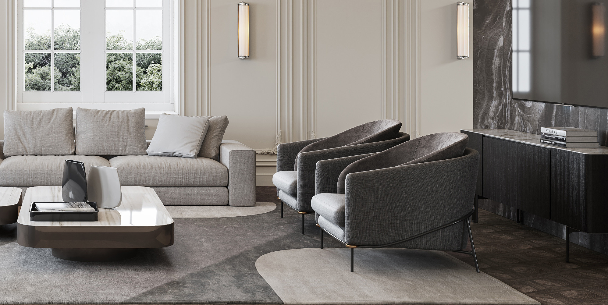 мягкая группа в гостиной, гостиная в загородном доме, гостиная в стиле современная классика, гостиная с камином, дизайн интерьера бизнес класса, светлый интерьер гостиной, неоклассика в интерьере загородного дома, дизайн интерьера загородного дома заказать