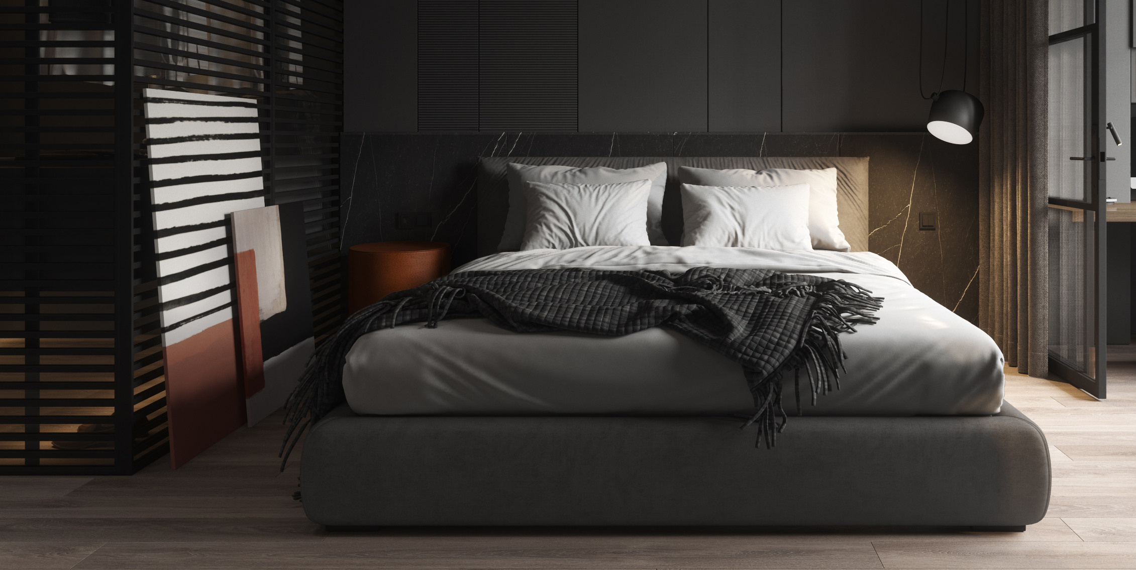 современный интерьер спальни, спальня в тёмных тонах, темная спальня дизайн, спальня в темном цвете, спальня с яркими акцентами, интерьер спальни с акцентами