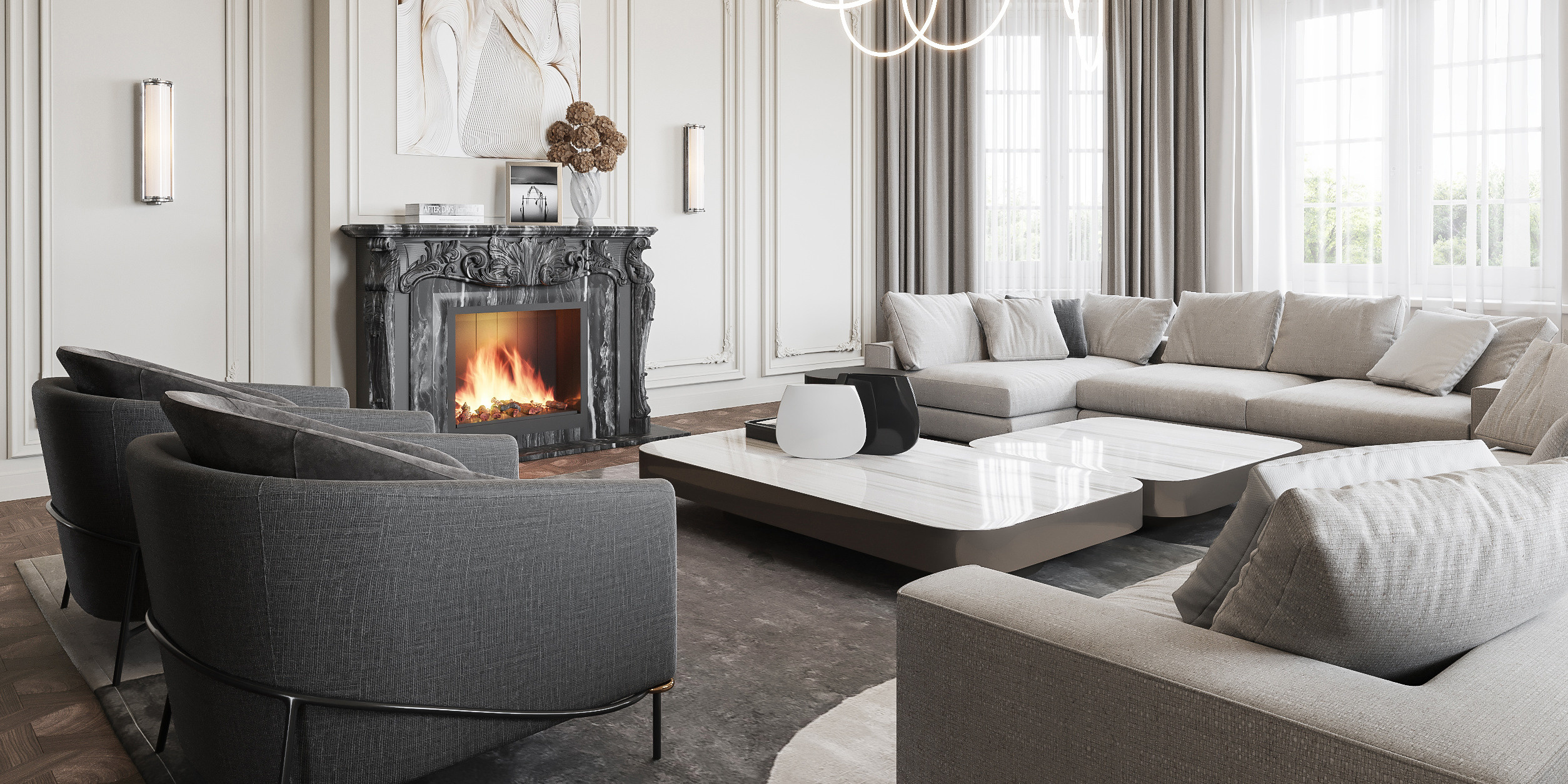 интерьер гостиной, интерьер гостиной в стиле современная классика, квартира в кп мэдисон парк, дизайн дома в элитном посёлке, дизайн интерьера в элитном посёлке, дизайн проект загородного дома, дизайн интерьера дома, интерьер с камином