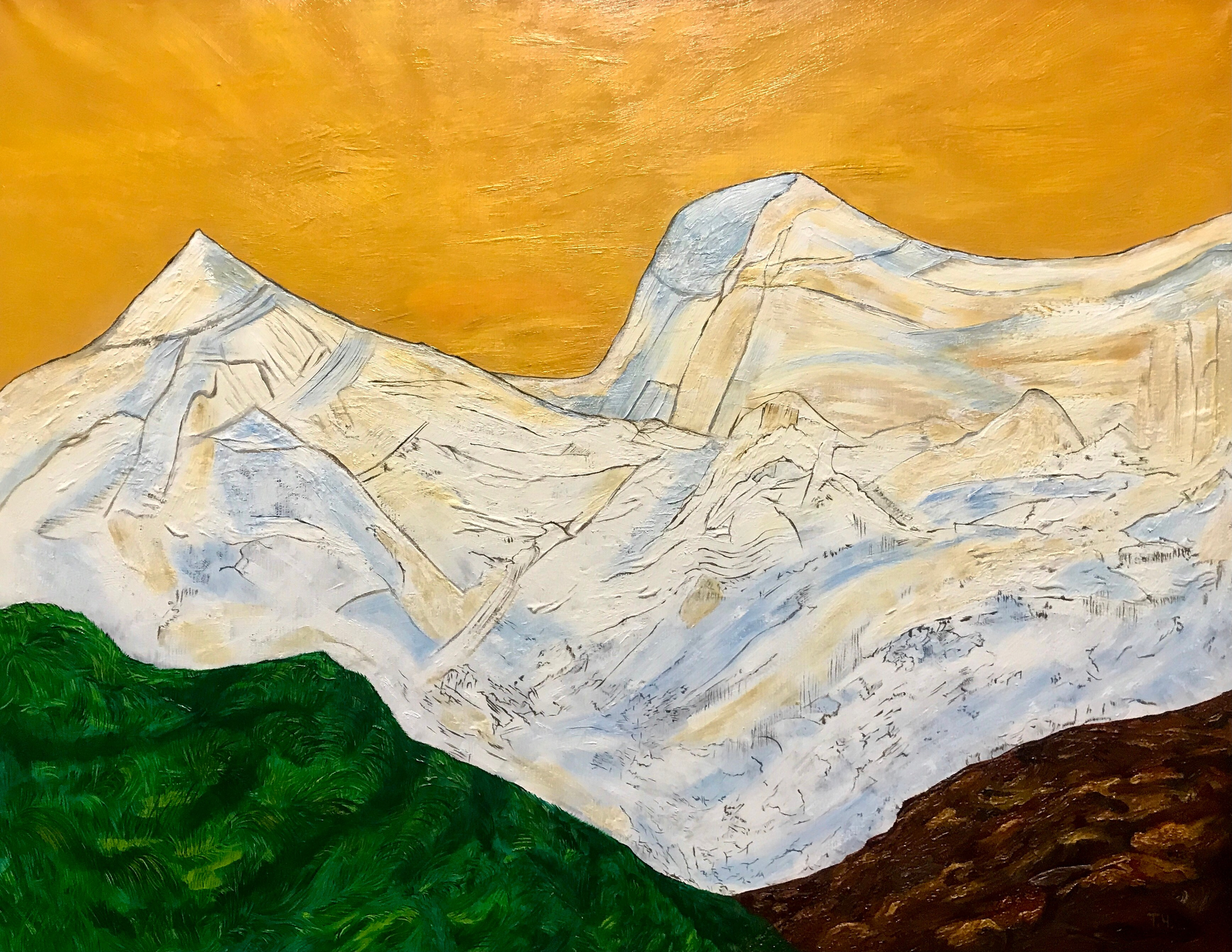 Картина изображает горы в белом с золотом тонах с элементами абстракции и сюрреализма.