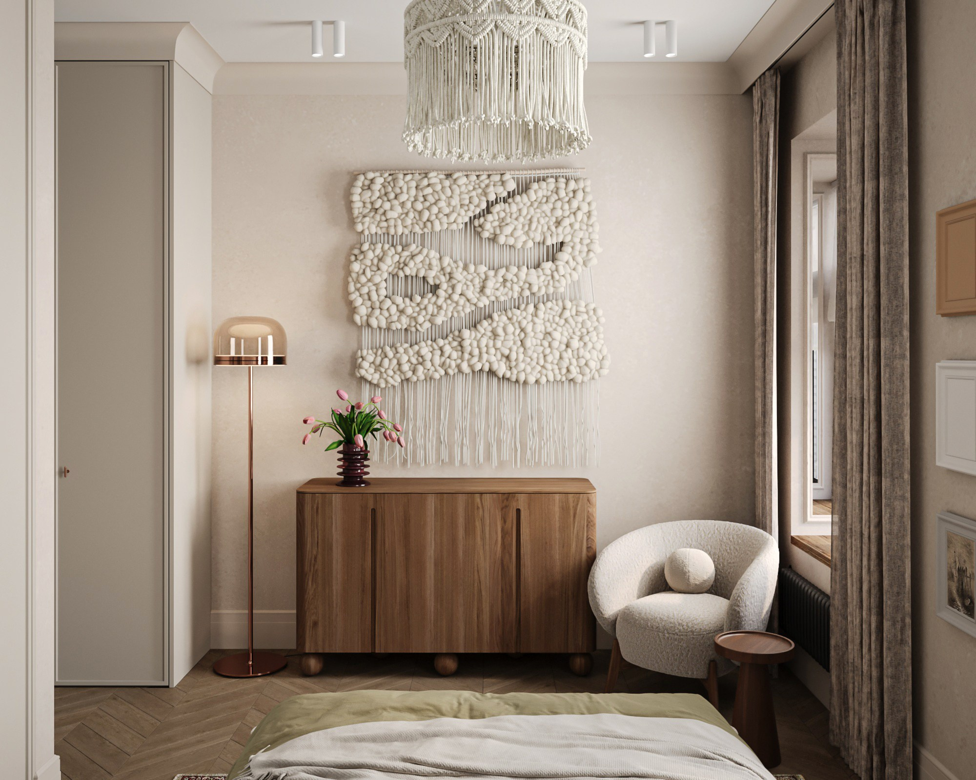 винтажный интерьер спальни с мягким текстилем и фактурами