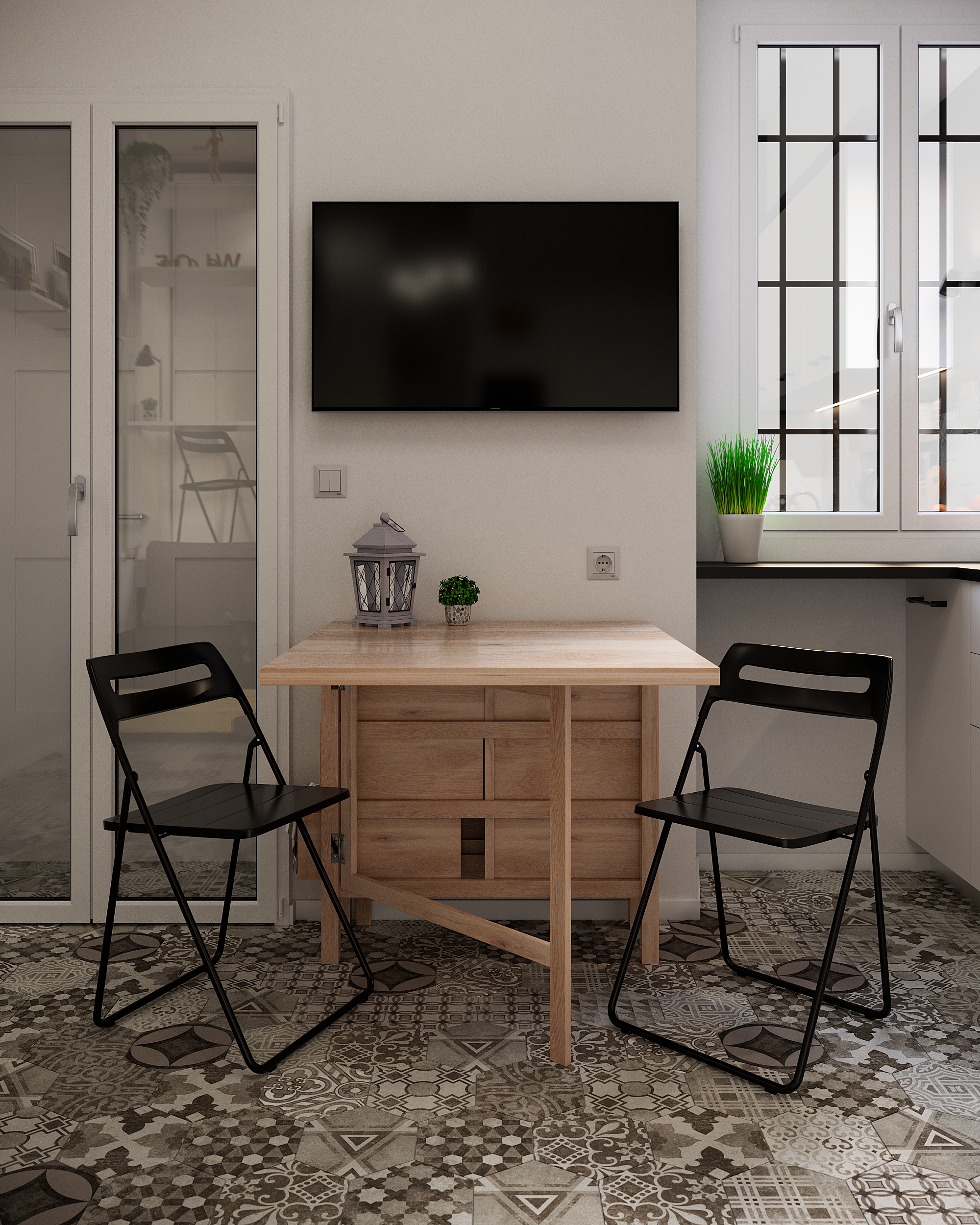 Обеденная зона студии с деревянным складным столом