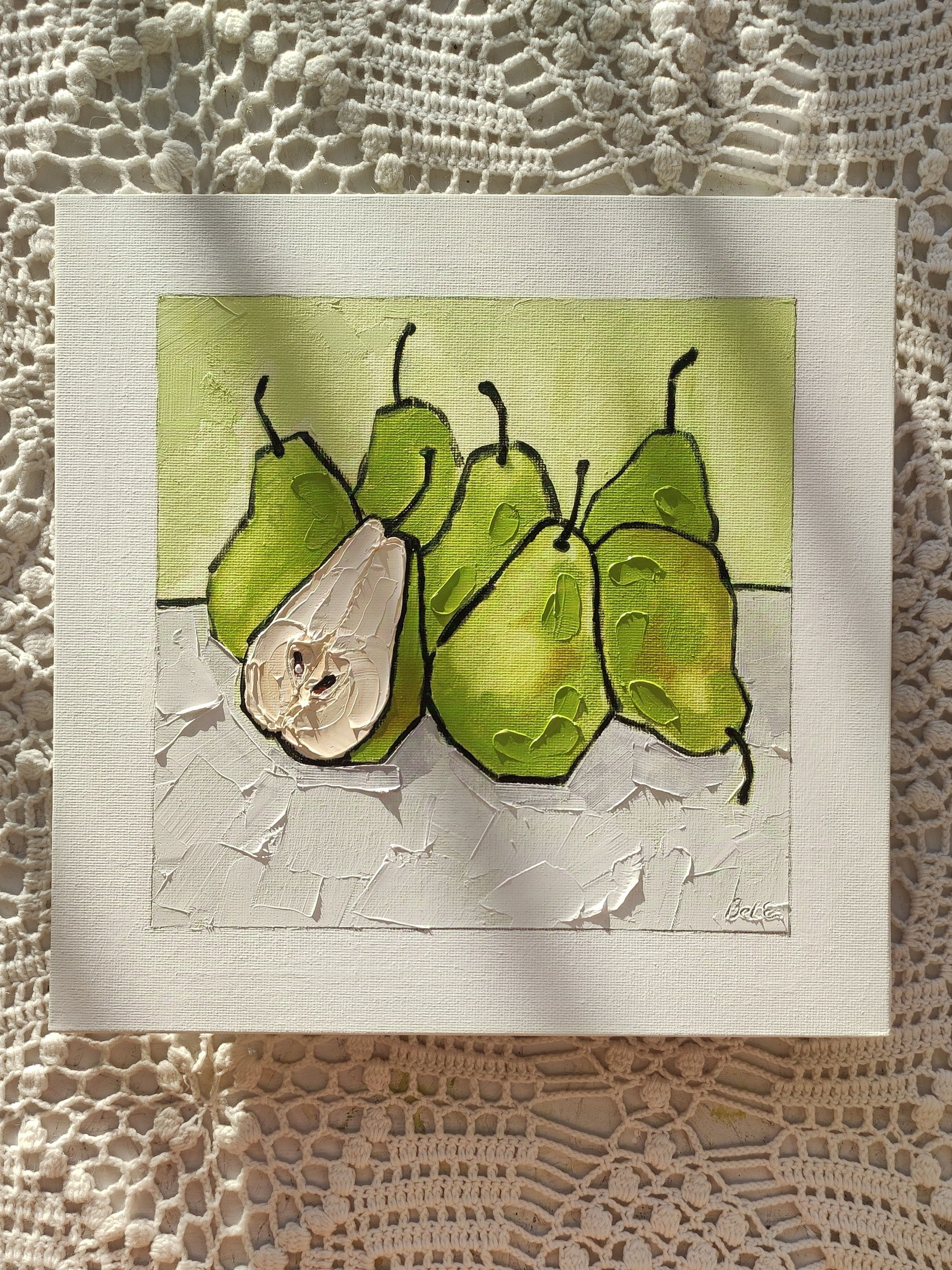 «Зеленые груши», масло, холст на картоне, 25×25 см. Галерея картин художницы Бельмесовой Евгении