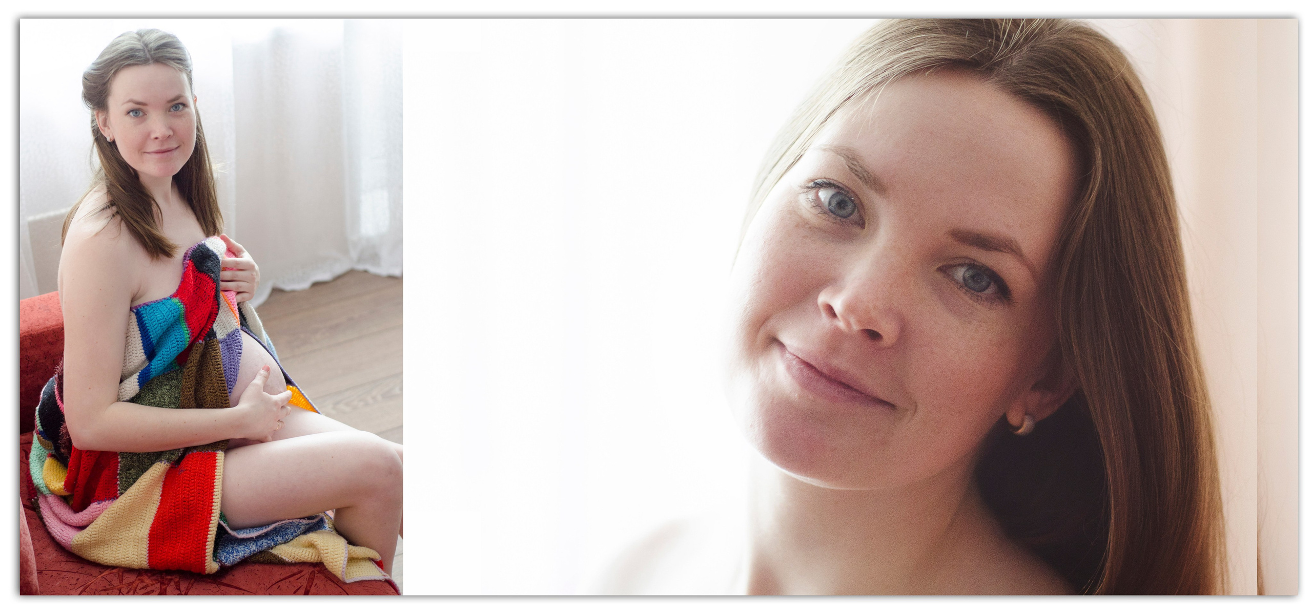 Беременная женщина дома на диване с ярким пледом, уютная атмосфера.