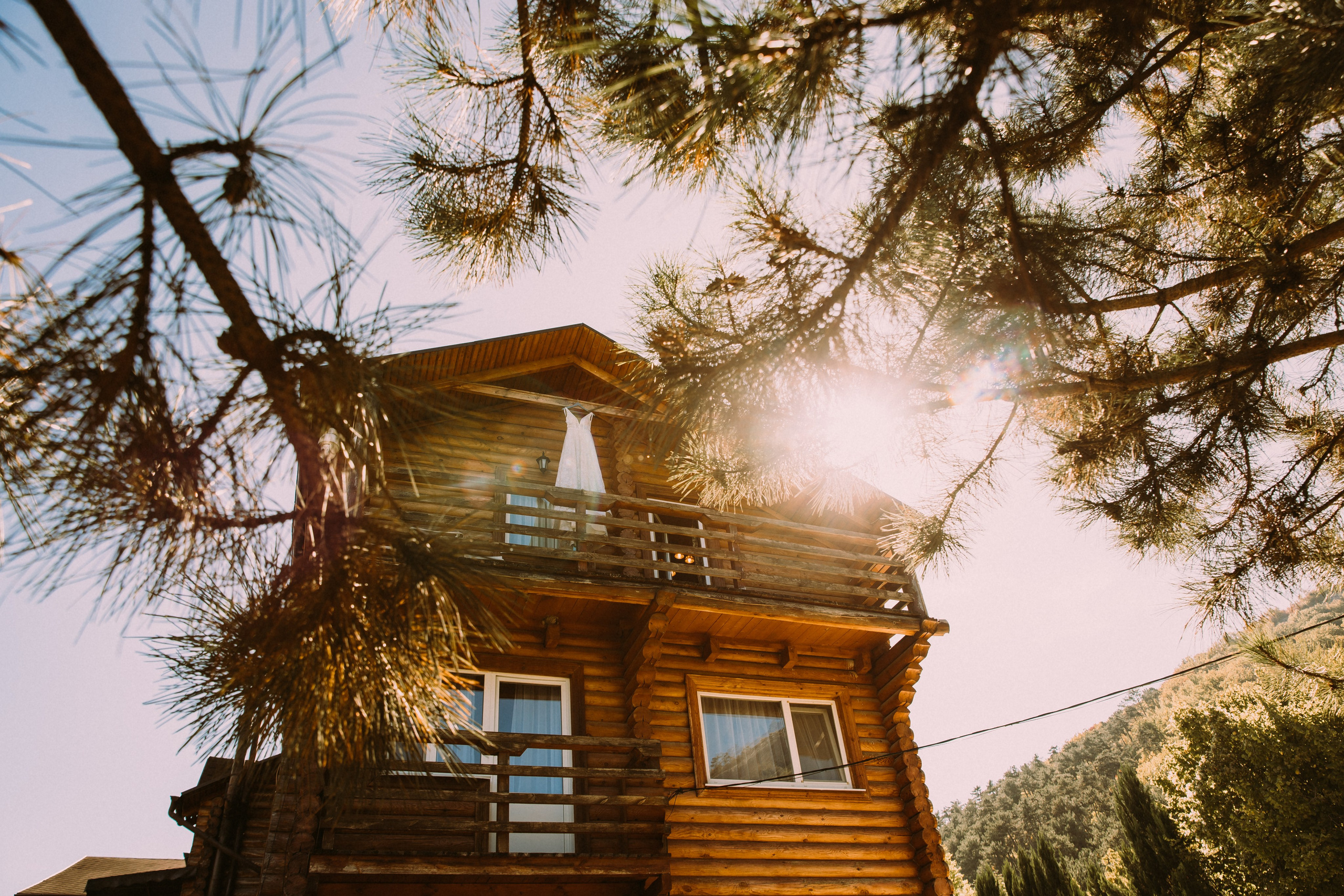 деревянный дом сквозь ветки дерева в алимовой балке 