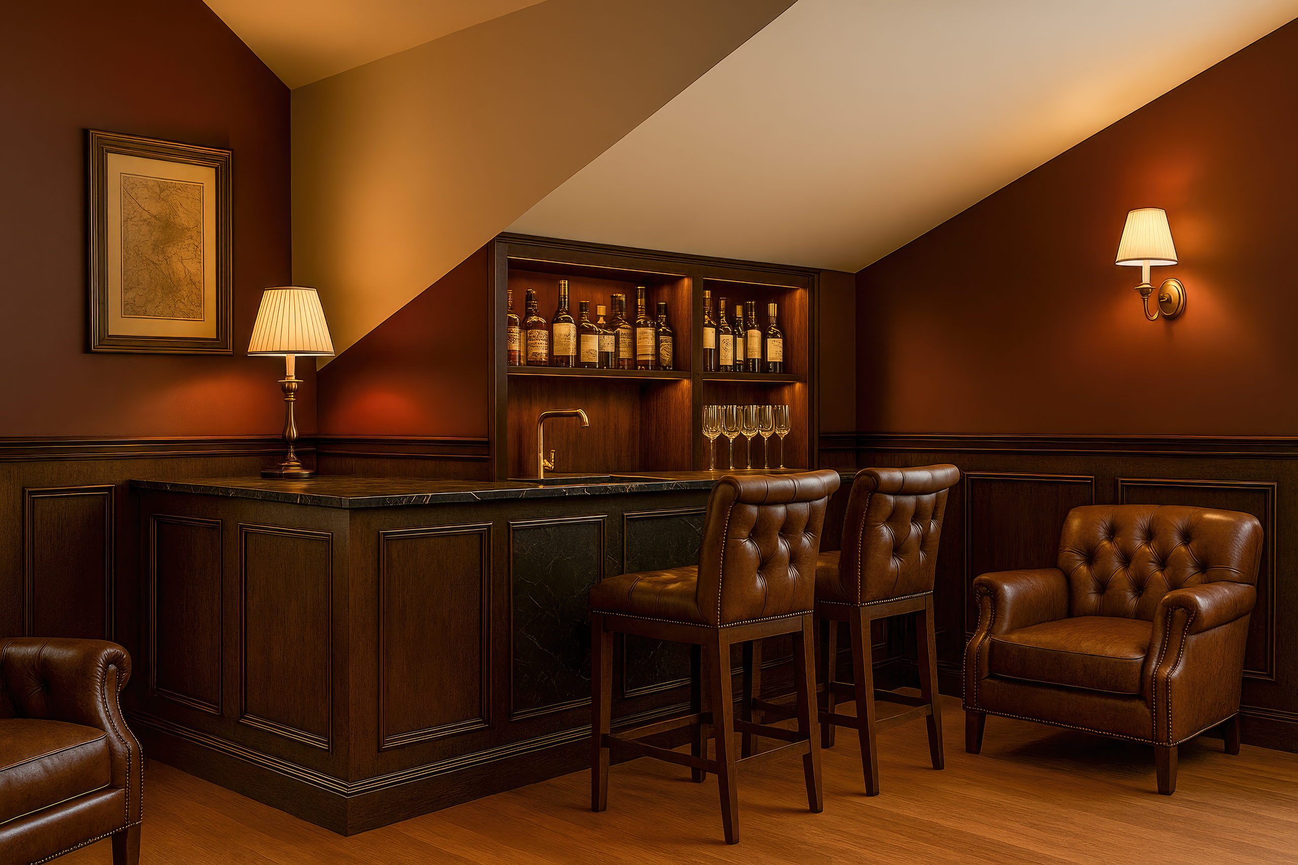 Профессиональный 3D-рендер барной стойки с кожаными стульями и деревянными панелями
