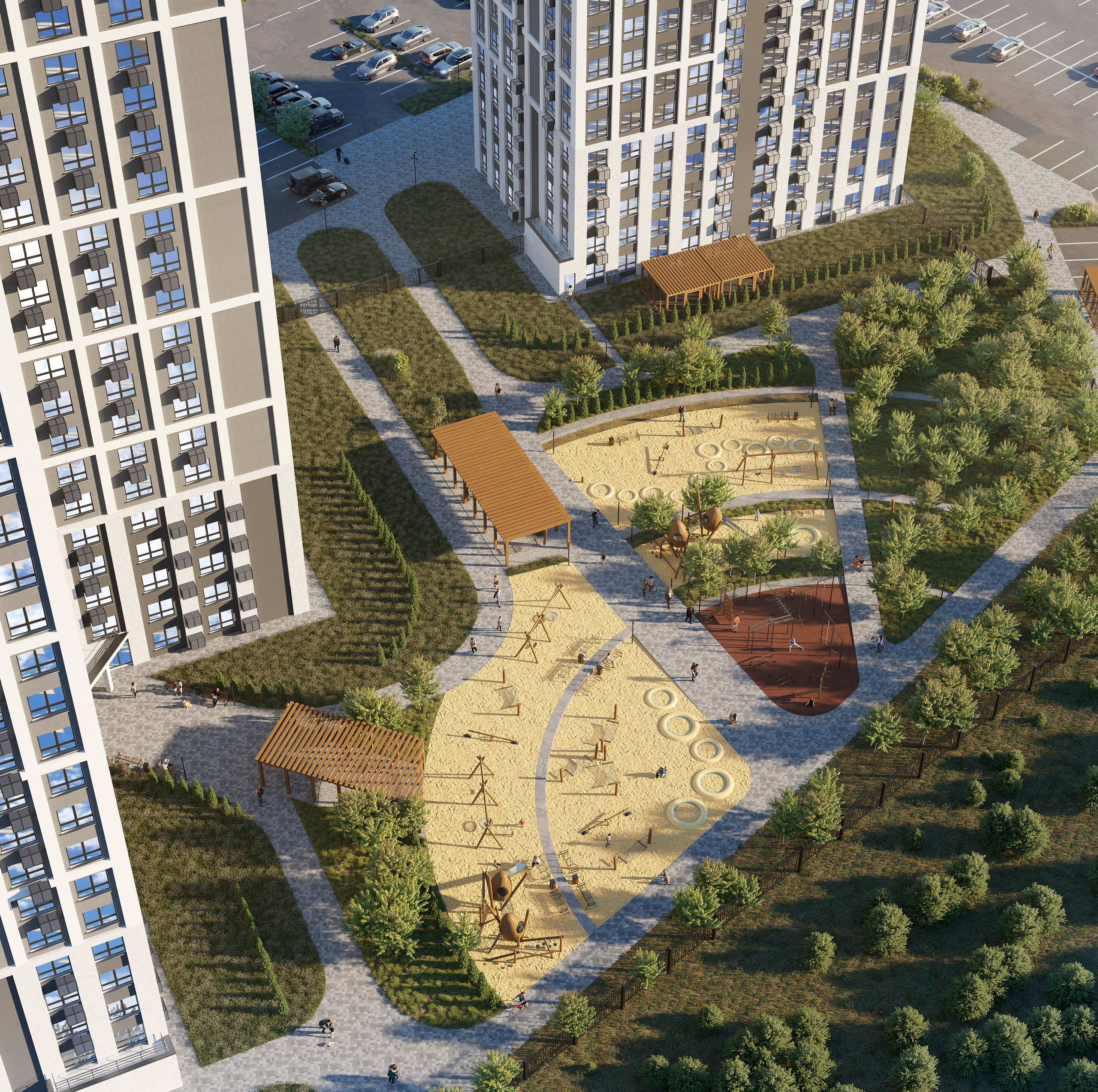 3D визуализация жилого комплекса "Патриот Парк" в современном стиле.