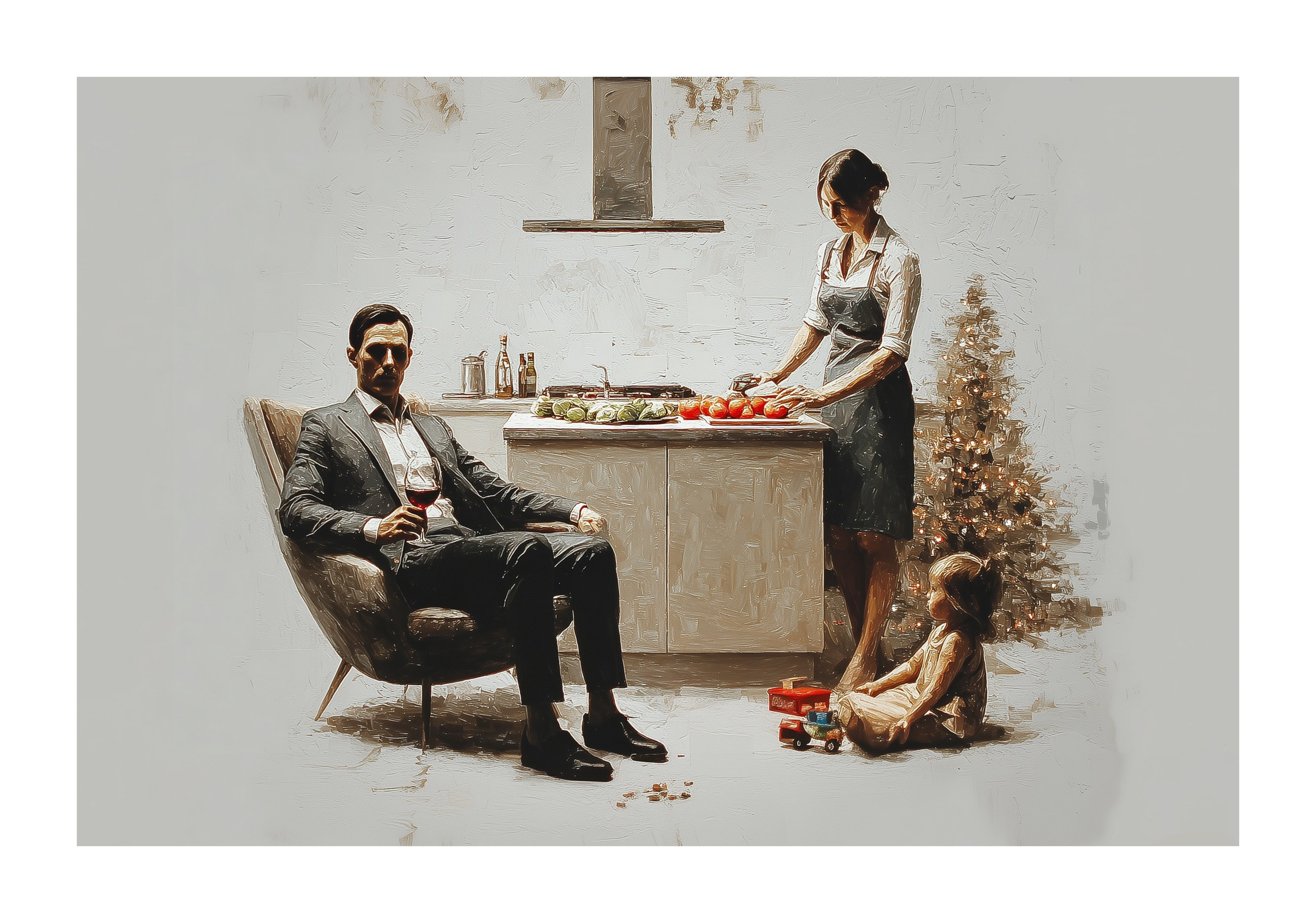 A man in a business suit sits in a chair holding a glass of wine, while a woman in an apron stands at a kitchen counter preparing food; nearby, a small child sits on the floor with toys beside a decorated Christmas tree. The bright, minimal composition maintains a visual separation of scenes. Titled “11:35 pm,” the image refers to the final minutes before New Year’s Eve, showing that for one it is a time of rest and anticipation, while for another it is still a period of preparation, highlighting differences in roles and the distribution of domestic tasks. (Мужчина в деловом костюме сидит в кресле с бокалом вина, в то время как женщина в фартуке стоит у кухонного стола и готовит еду; рядом с украшенной ёлкой на полу сидит маленький ребёнок с игрушками. Светлая, почти пустая композиция сохраняет визуальную раздельность сцен. Картина под названием «11:35 pm» отсылает к последним минутам перед Новым годом, показывая, что для одного это время отдыха и ожидания праздника, тогда как для другого — всё ещё процесс подготовки, подчёркивая различие в ролях и распределении бытовых задач.)
