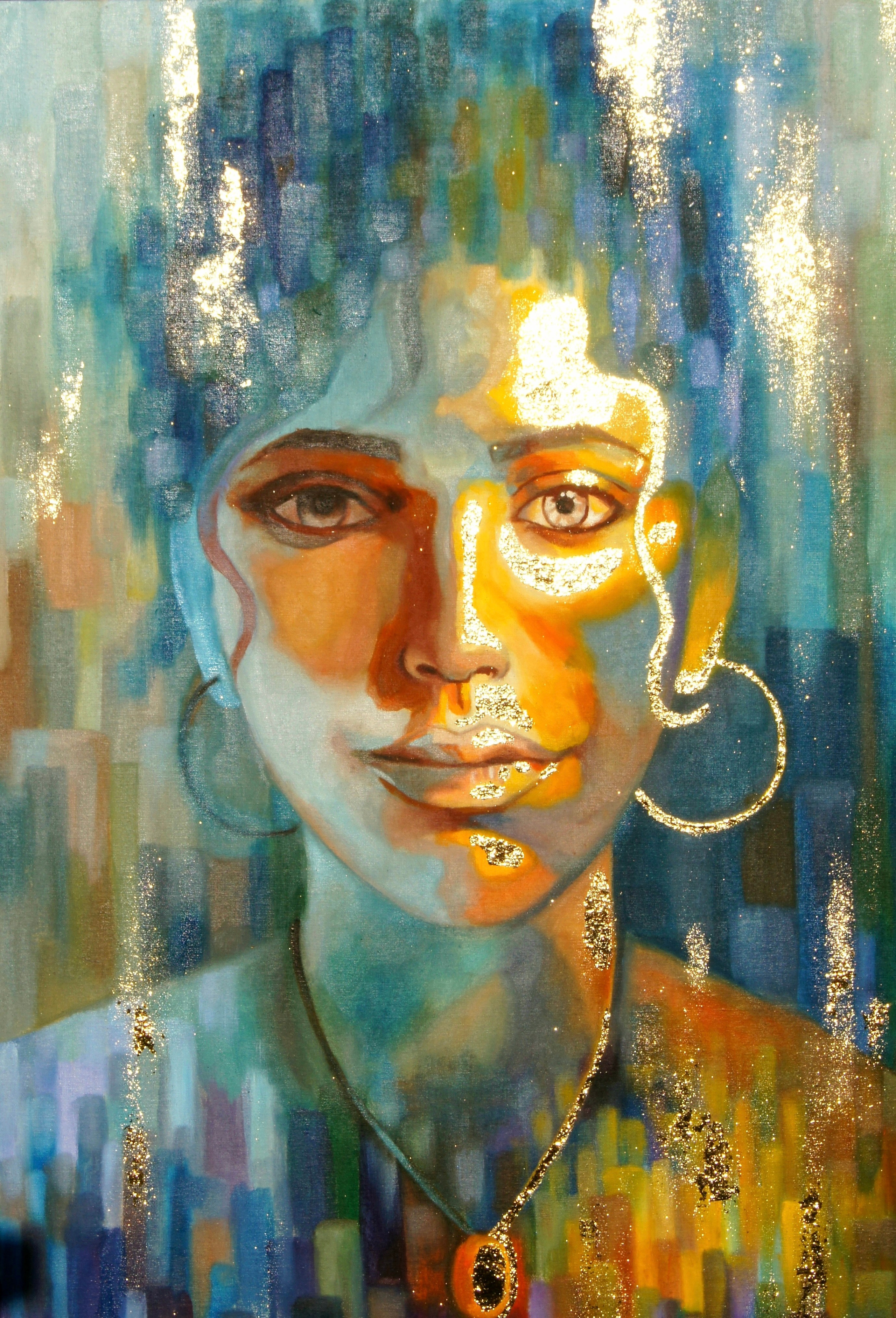 Картина синяя маслом на холсте с золотом. Золотая интерьерная картина. Интерьерная картина с девушкой абстракция. Абстракция с золотом. Картина с золотой поталью. Синяя картина с золотом.