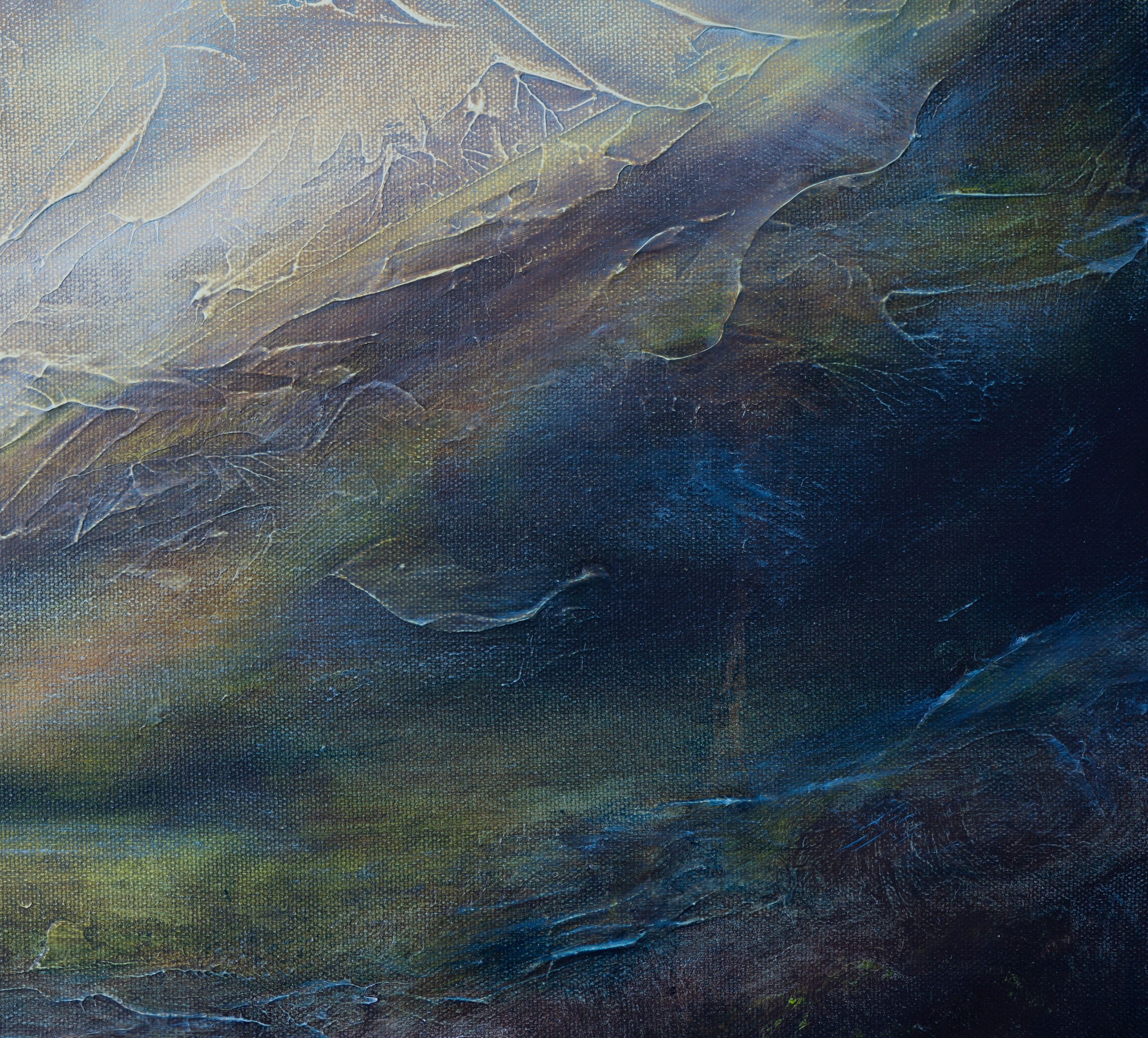 Oil painting depicting the Scottish highlands with misty foreground. Pavel Korshun — Contemporary painter. Original abstract painting