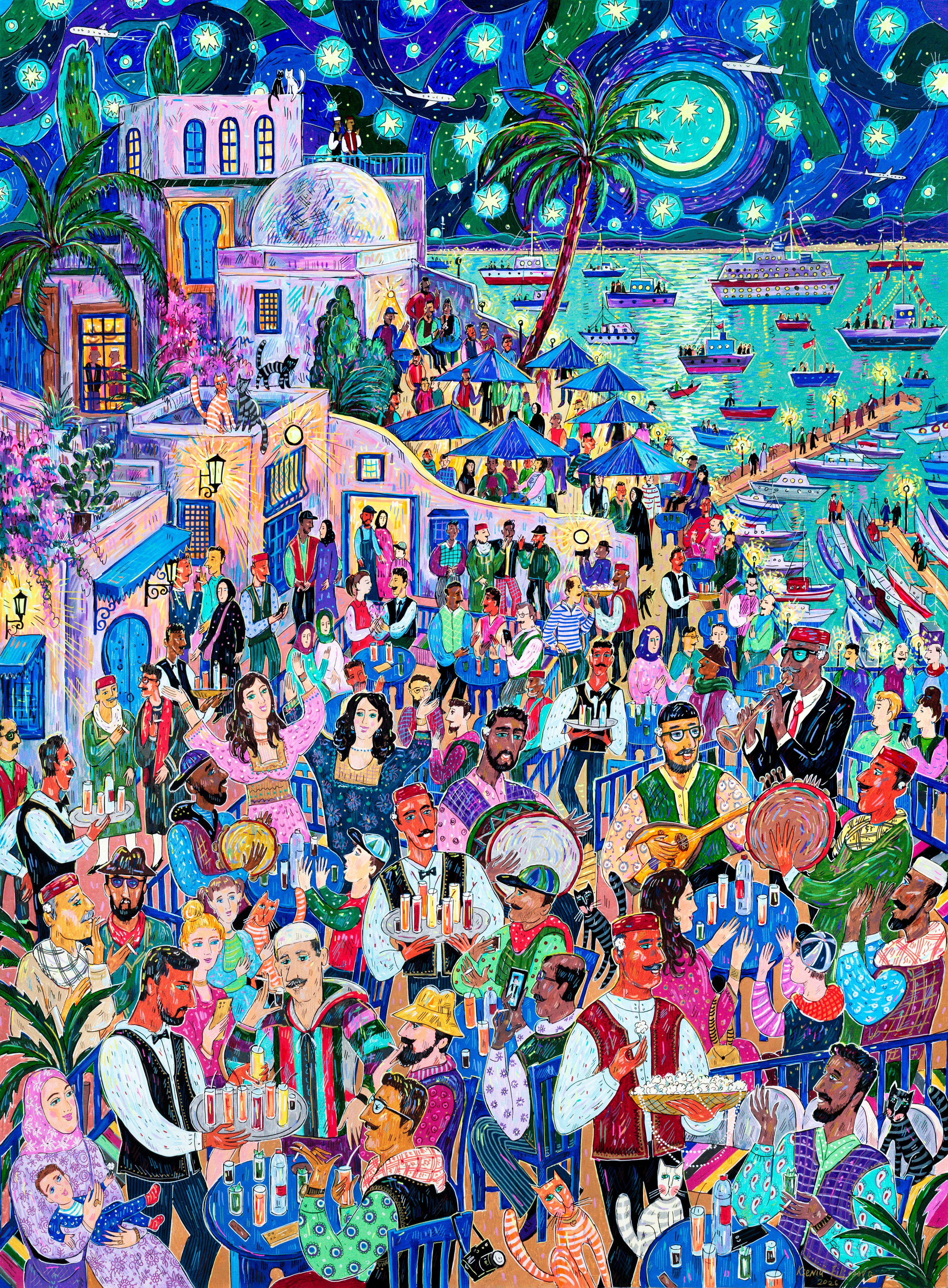 Ramadan in Sidi Bou Saïd, acrylic markers on canvas, 110 × 80 cm, 2026