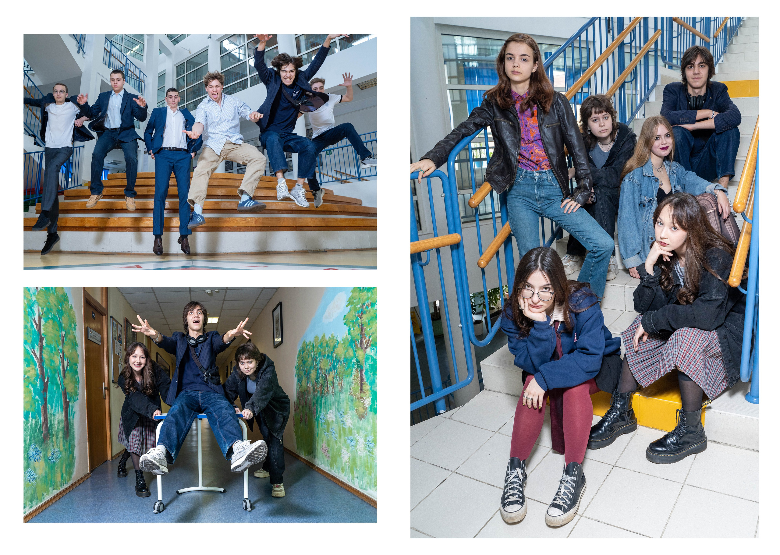 Фотосъёмка выпускного в школе - дети на лестнице, веселятся в школьном коридоре и прыгают