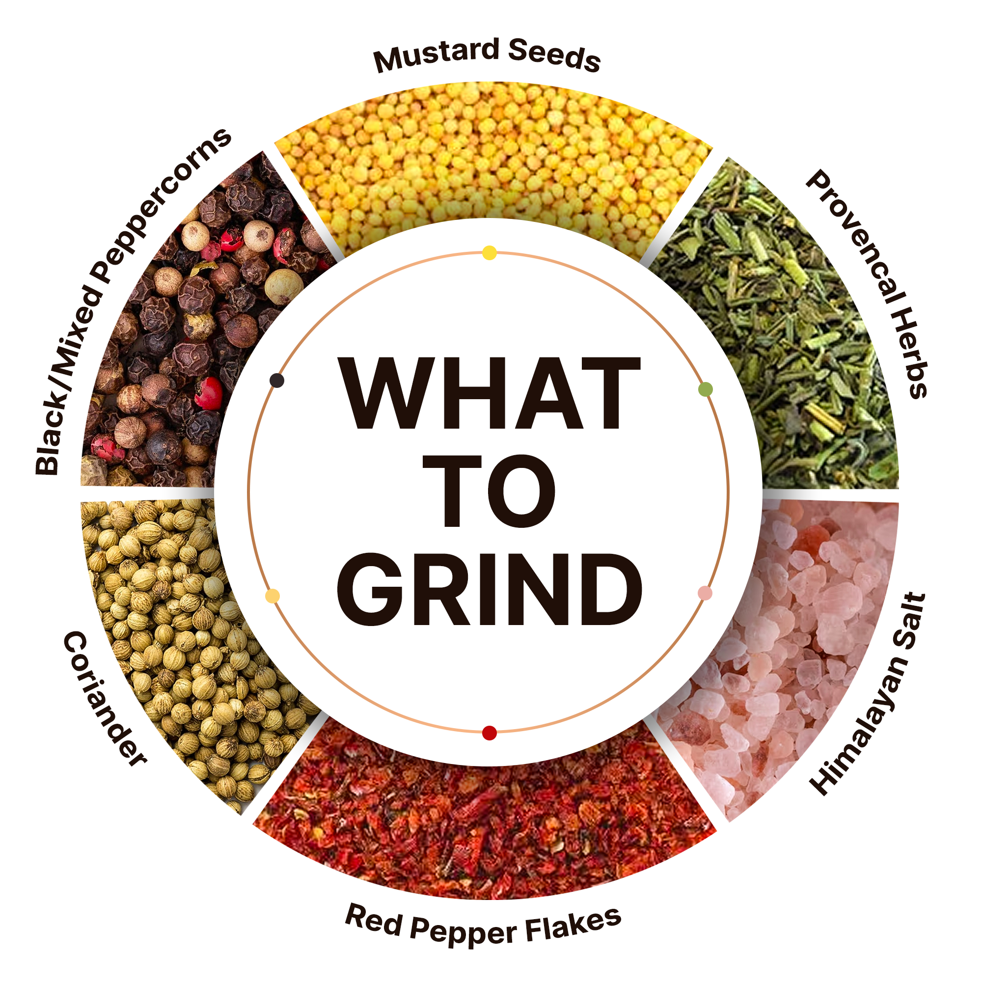 Infographic slide for Amazon listing titled 'What to Grind' showing six spices in a circle: black peppercorns, mustard seeds, provencal herbs, Himalayan salt, red pepper flakes, and coriander. effectively communicates product versatility and helps customers understand its usage at a glance, improving conversion rates through clear, high-contrast typography and appetizing product photography.